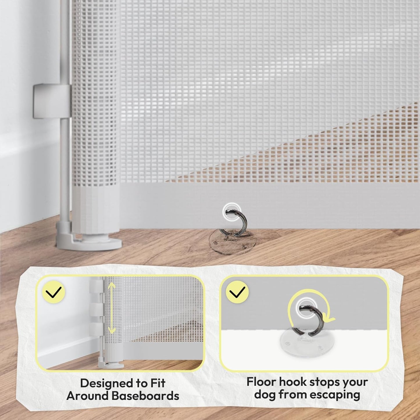 15.7" H Mesh Short Dog Gate, Extends Up to 59" W Retractable Pet Gate with Drill Installation, Small Dog Gate for Stairs, Easy Step Over Low Puppy Gate for Doorways Indoor Outdoor, White
