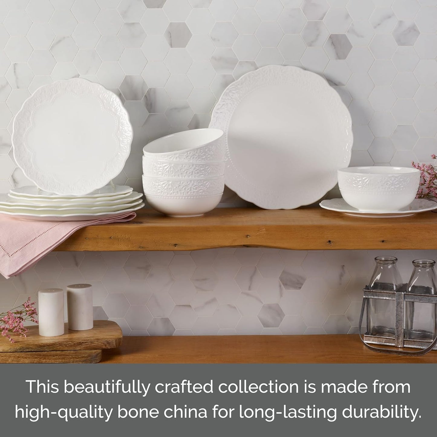 Mikasa Abigail Bone China Lightweight Chip Resistant 12 Piece Dinnerware Set, Service for 4, White