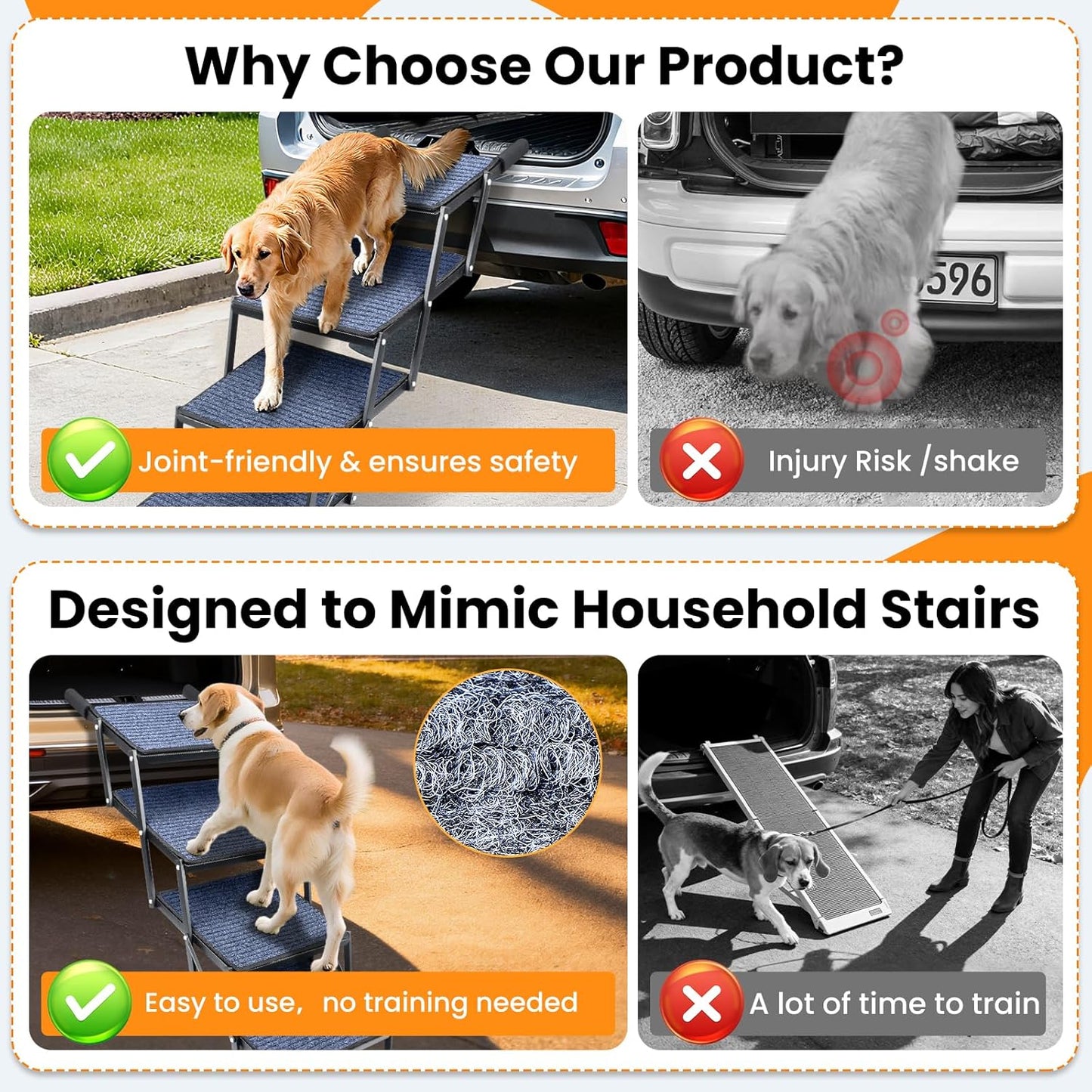 Dog Stairs for Car, 42''x 17'' Extra Wide Dog Stairs for Large Dogs to 250 LBS, Portable Dog Steps with Removable Non-Slip Surface, 4 Steps Foldable Dog Ramp for Car, SUV, High Bed/Couch