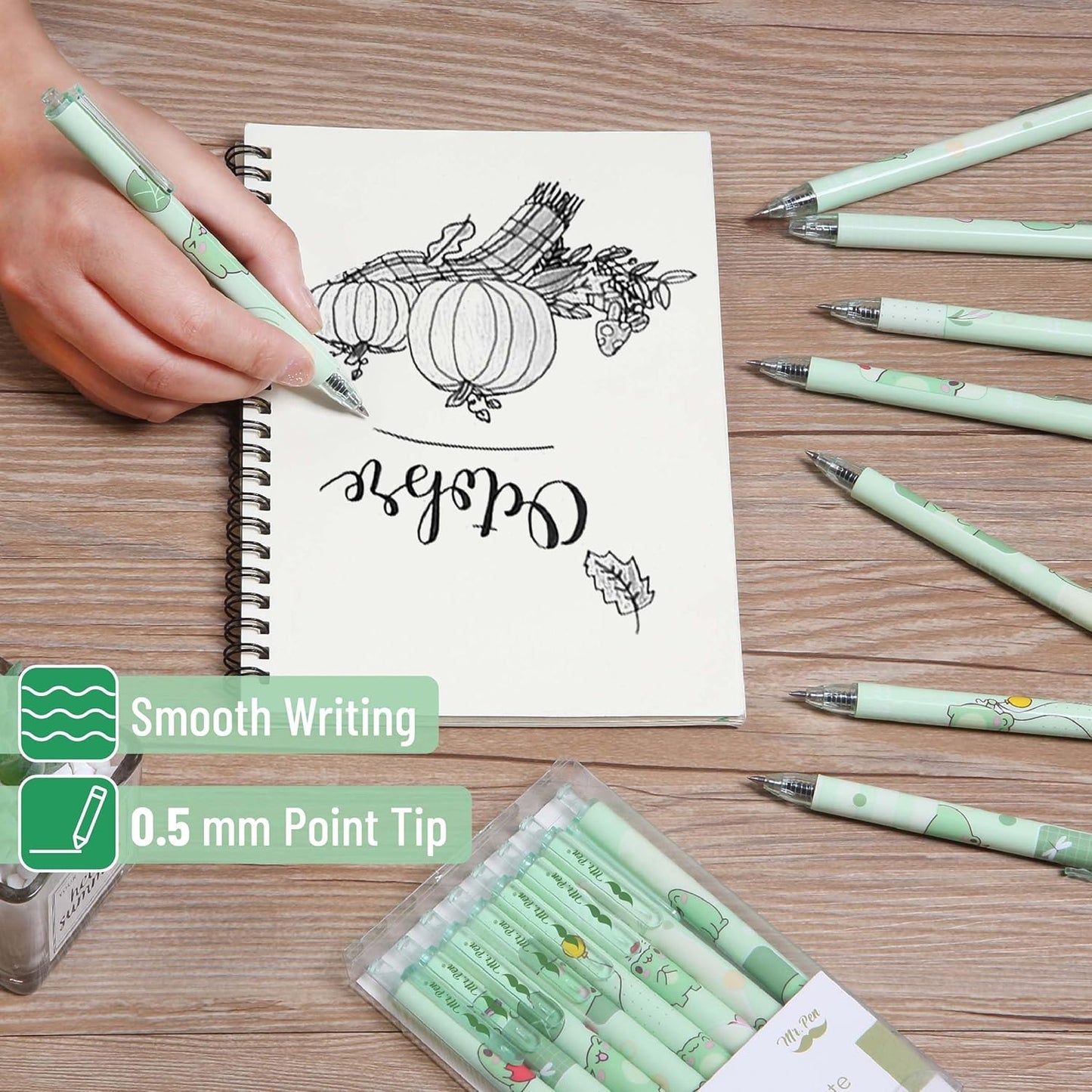 Mr. Pen- Cartoon Retractable Gel Pens, 6 Pack, Black Ink, Fine Point 0.5 mm, Fast Dry, Smooth Writing, Cute Animal Gel Ink Pens for Drawing, Writing and School Supplies for Girls, Frog Accessories