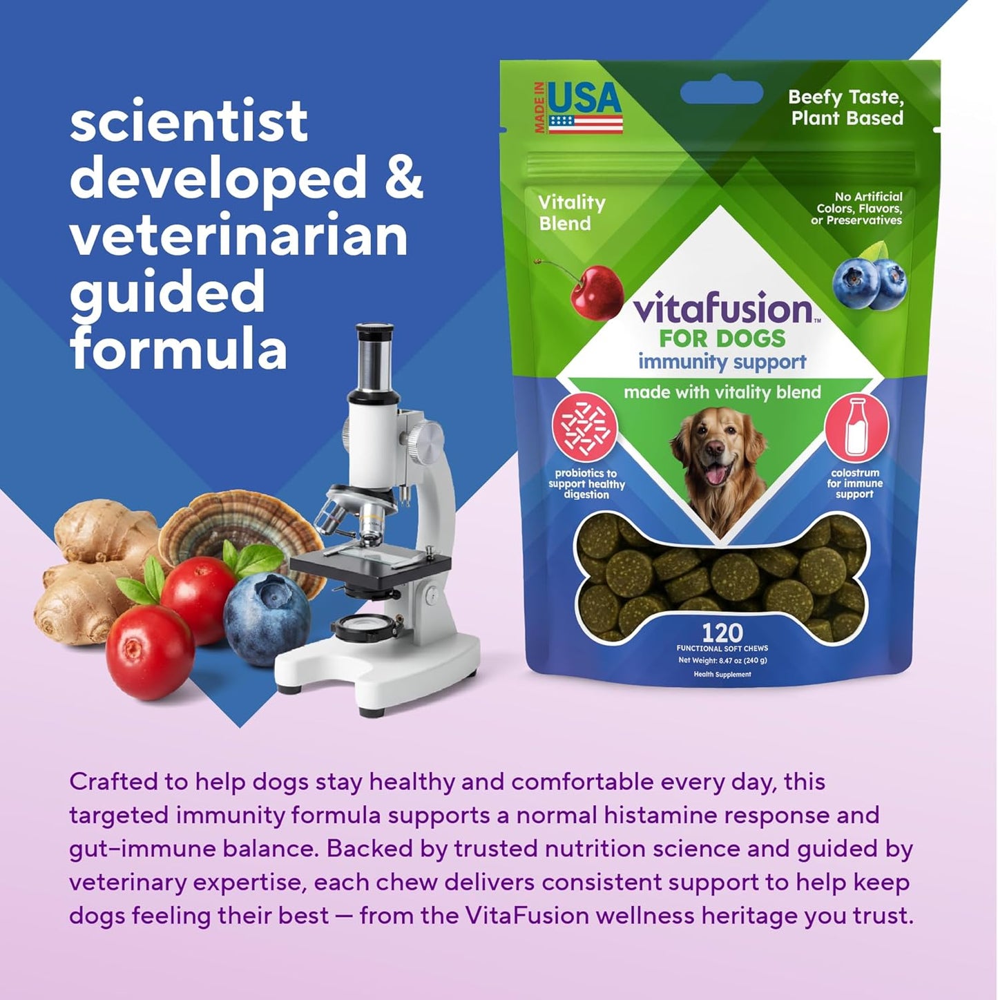VitaFusion Probiotics for Dogs, Gut & Digestive Health Support with Colostrum & Quercetin, Immune & Seasonal Allergy Support, Superfood Vitality Blend, Beef Flavor120 Soft Chews.