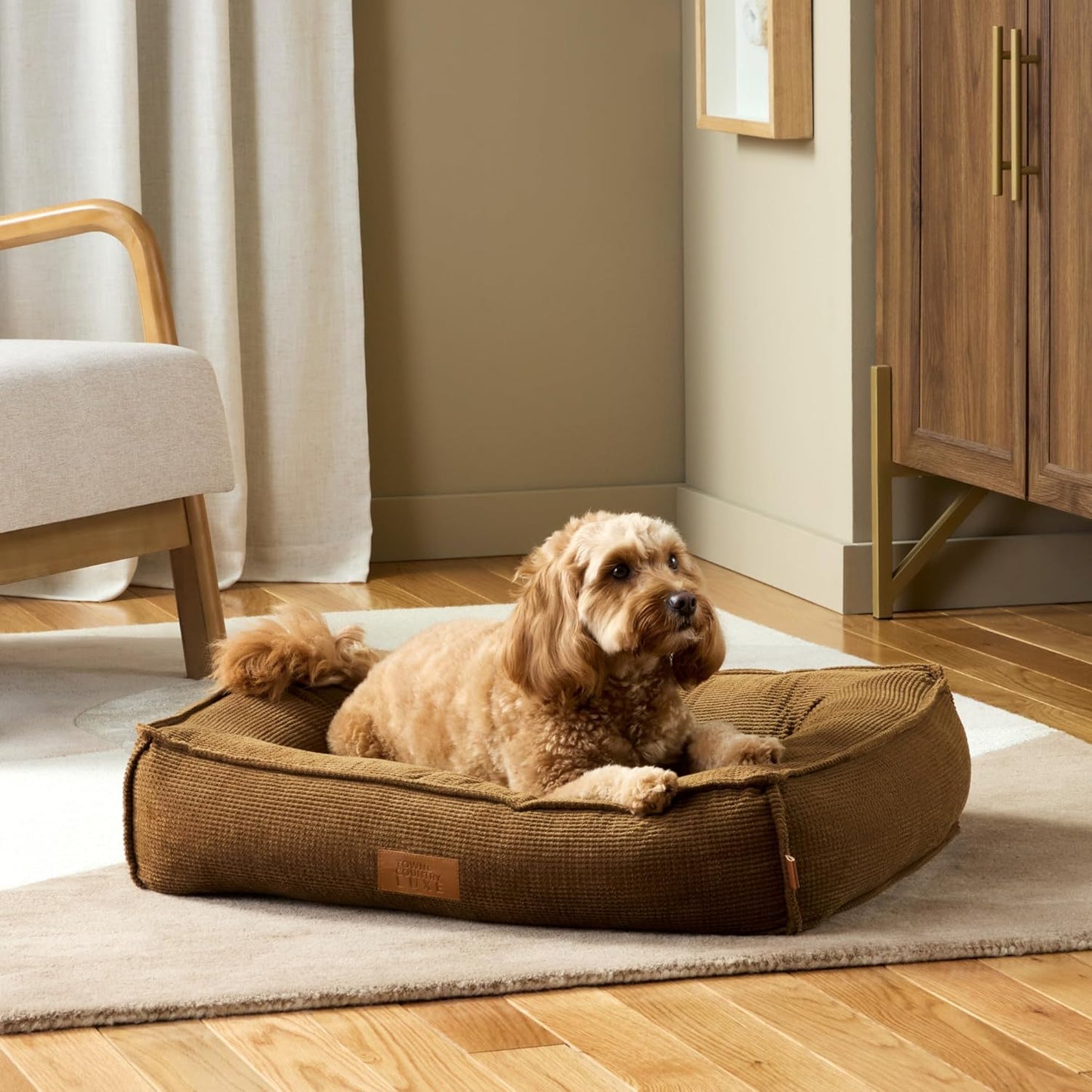 Town & Country Luxe CuddleTown Cozy Bolster Pet Bed, Ribbed Corduroy Texture, Machine Washable Cover, Soft, Cozy & Calming, Non-Slip Bottom, Brown, Medium 27"x22"x7"