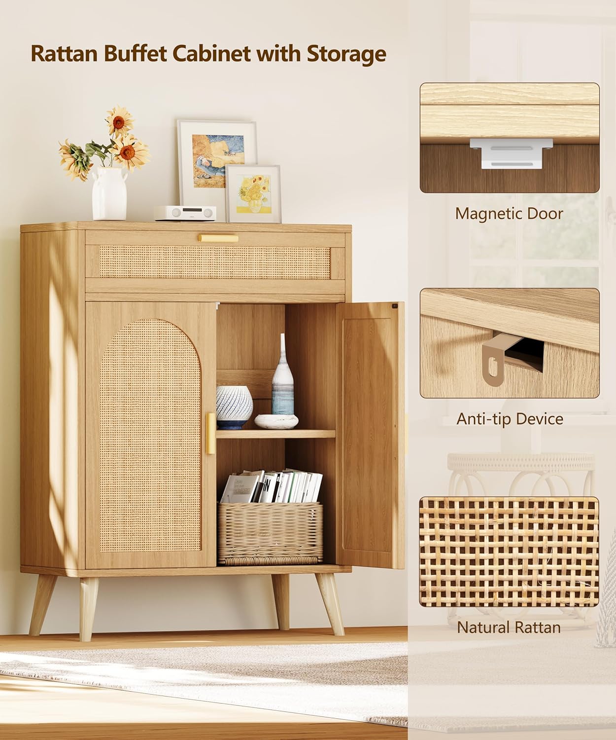Rattan Buffet Cabinet with Storage, Sideboard with Drawer & Adjustable Shelf, Accent Kitchen Floor Storage Cabinet with 2 Doors & Solid Wood Feet, Coffee Bar for Living Room, Entryway, Natural Oak