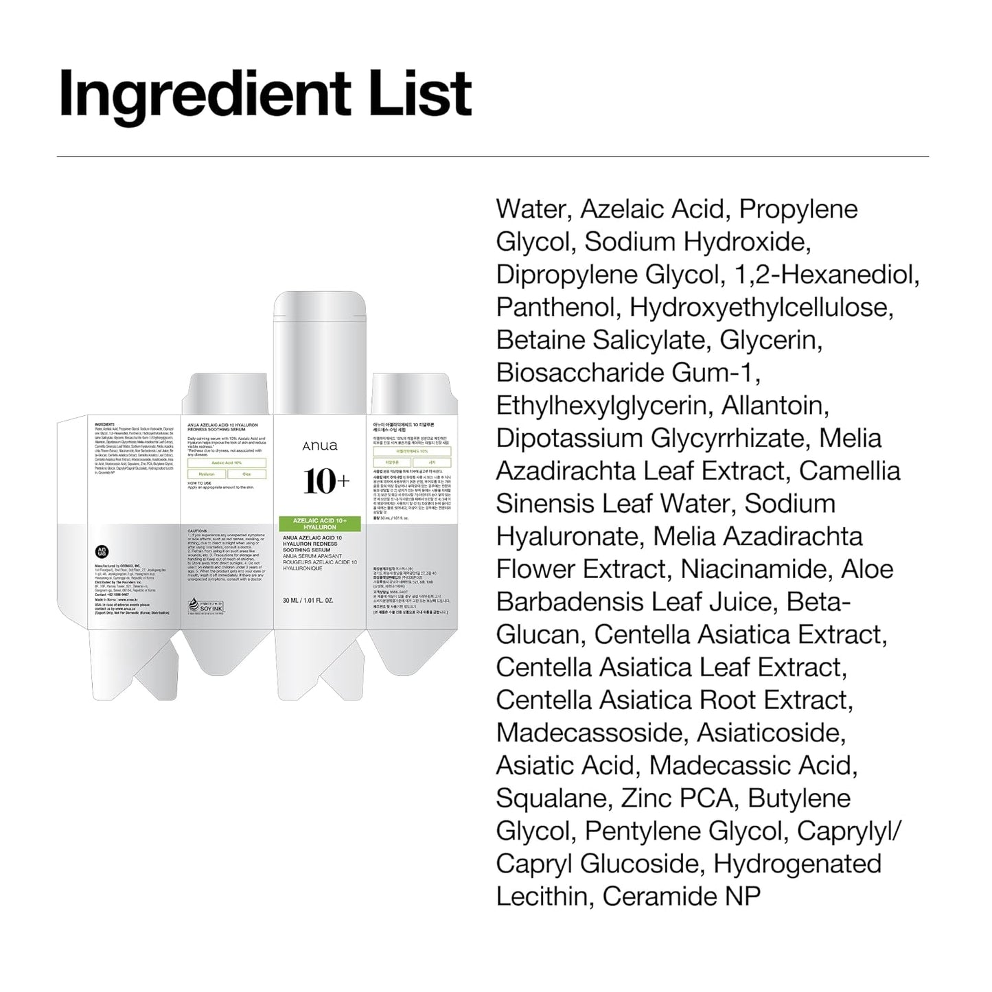 Anua Azelaic Acid 10 Hyaluron Redness Soothing Serum, Facial Serum for Blemish-Prone & Oily-Prone Skin, Lightweight & Hydrating Blemish Care, Hyaluronic Acid, Korean Skincare, 1.01 fl oz.