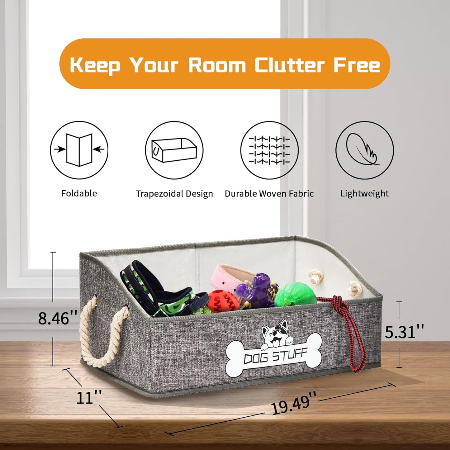Collapsible Fabric Dog Toy Box and Storage Bin With Handle - Trapezoid Basket Chest Organizer for Pet Toys, Blankets and Accessories