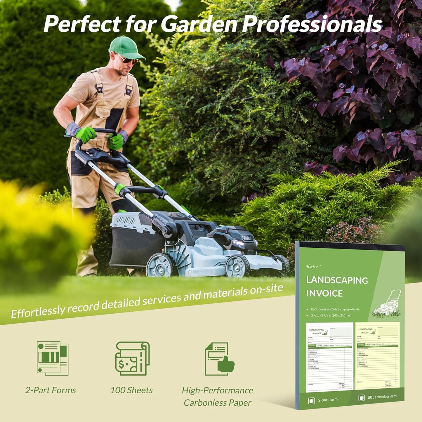 Professional Garden Invoice Receipt Book, Landscaping Invoice Book for Small Business - 5.7 X 8.3 in, 2-Part Carbonless Work Order Forms, 200 Sets (4 Books) - Lawn Care Equipment Accessories