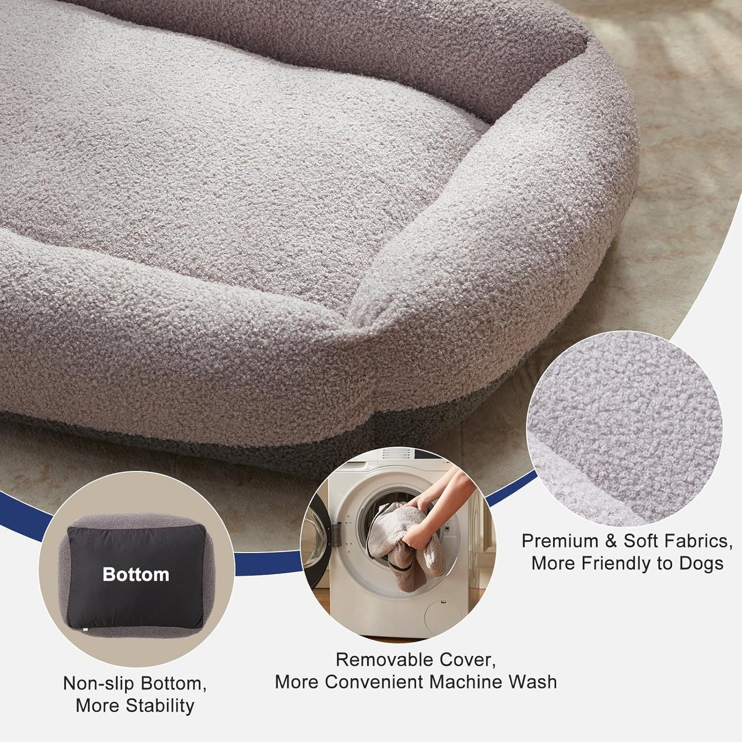 FURTIME Dog Bed Large Sized Dogs, Washable Comfy Fluffy Medium Dog Beds, Removable Zipper Cover Machine Wash, Soft Orthopedic Bed Durable Pet Cuddler with Anti-Slip Bottom, 36"x27"x8", Grey