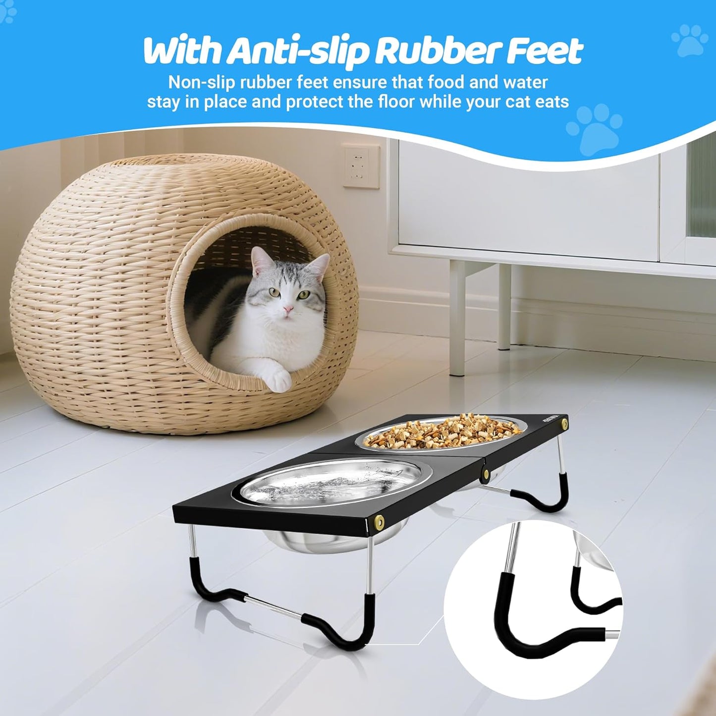 Upgraded Elevated Cat Bowls,10°Tilted Foldable Stand Anti Vomiting Raised Cat Dishes for Food and Water,2 Stainless Steel Bowls for Cats and Puppy (1 Pack)