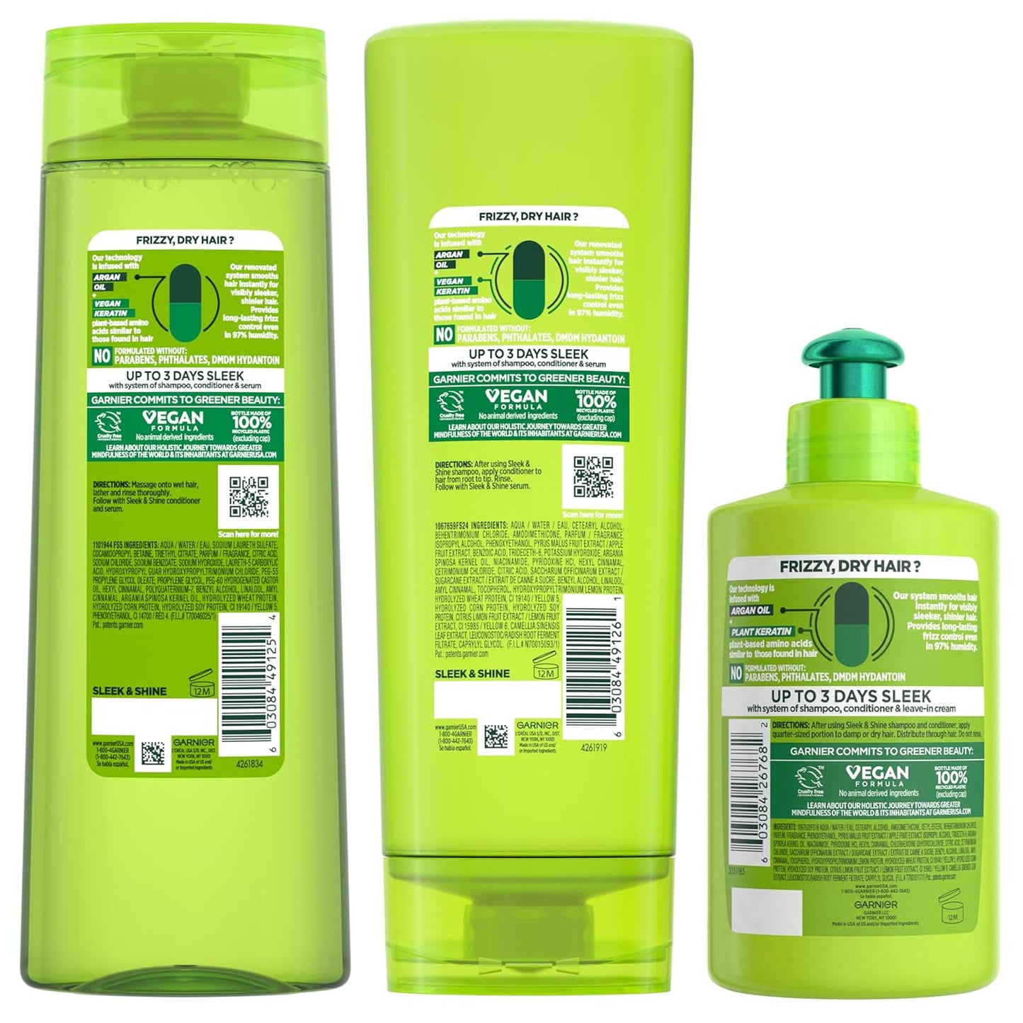 Garnier Fructis Sleek & Shine Shampoo, Conditioner + Leave-In Conditioer Set for Frizzy, Dry Hair, Plant Keratin + Argan Oil (3 Items), 1 Kit (Packaging May Vary)