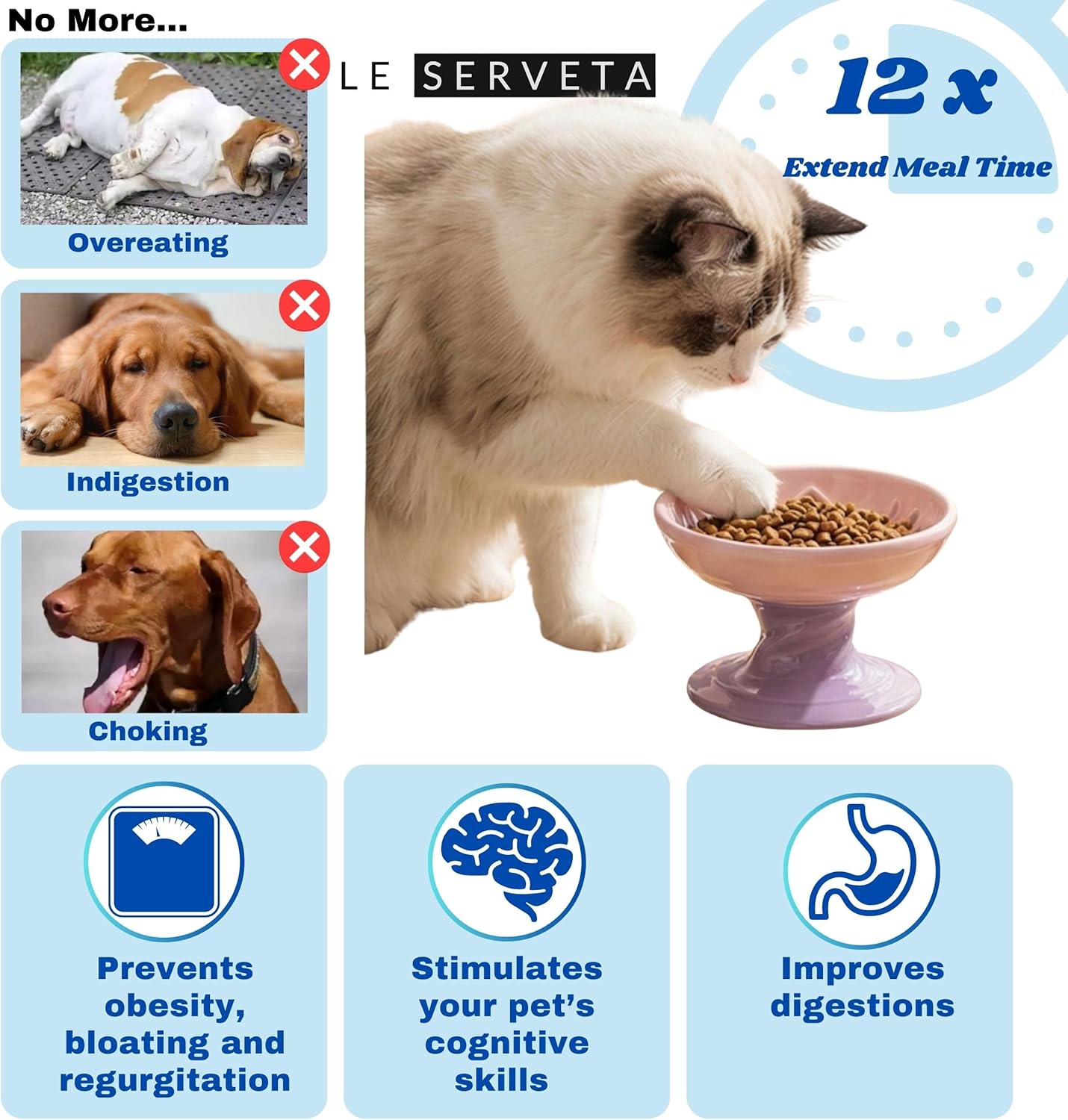 Elevated Twisting Design Cat Food Slow Feeder, Ceramic Raised Cat Dishes with Decorative Twisting Design Stand, Macaron Colors, Slow Feed Design (Blue)