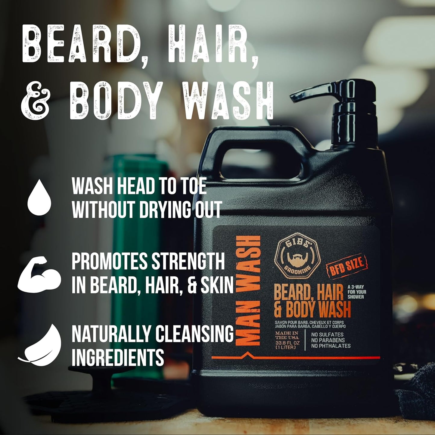 GIBS Grooming - Man Wash 3-in-1 Beard, Hair, Body Soap - Citrus, Oak, Basil Scent - Sulfate Free - Tea Tree Oil, Hemp Oil, Protein - Mens Body Wash & Mens Shampoo - Made in USA