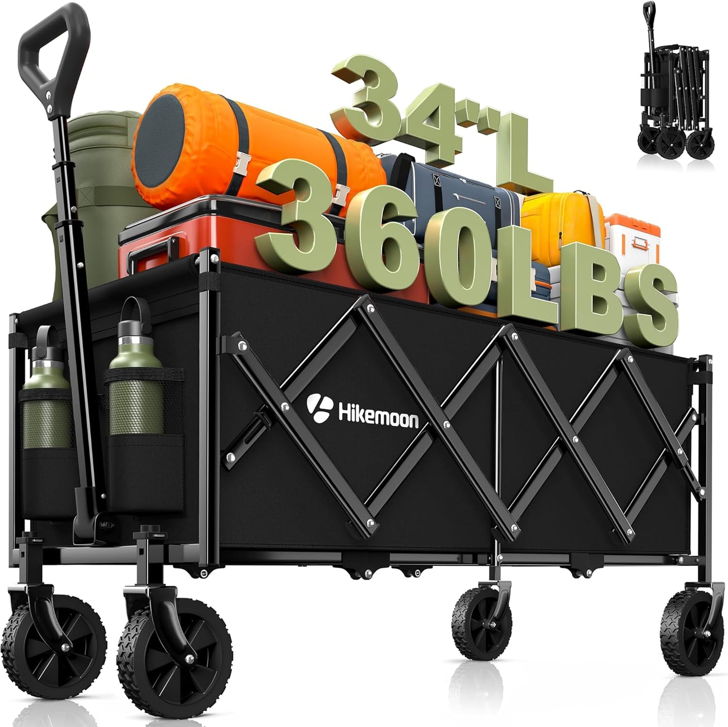 34'' Extra Long Collapsible Wagons Carts Foldable, 360LBS Heavy Duty Folding Beach Wagon Cart with Wheels, Portable Utility Outdoor Wagon for Grocery, Shopping, Garden, Sports, Camping, Black