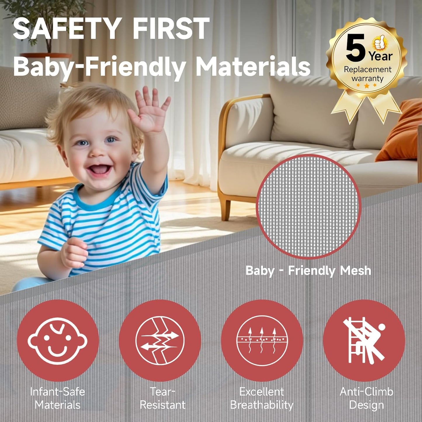 Reinforced Retractable Baby Gate, Extra 38" Tall, Extends up to 63" Wide, Hardwared Installation Mesh Gate for Stairs, Dog Gate, Child Pet Gate for Stairs, Doorways, Hallways, Indoo (Gray)