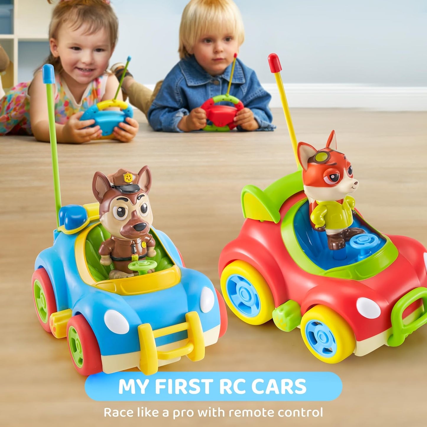 lalalark JOVA 2 Pack Remote Control Car for Toddlers, RC Cars with Cartoon Figure, Kids Toy Bumper Cars with LED Lights and Sounds, Light Up Car with Music, Christmas Birthday Gift for Boys Girls