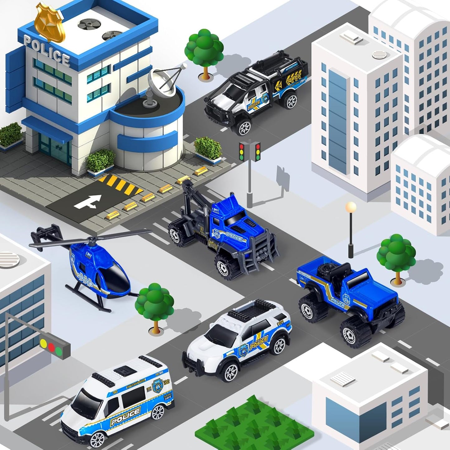 Oriate 6 PCS 1:64 Die-Cast Police Car Toys & Emergency Vehicles Set - Include Helicopter, Tow Truck Toy, ATV - Cake Topper, Police Cars Party Favors, Birthday Gift for Boys Girls Ages 3 4 5 and Above