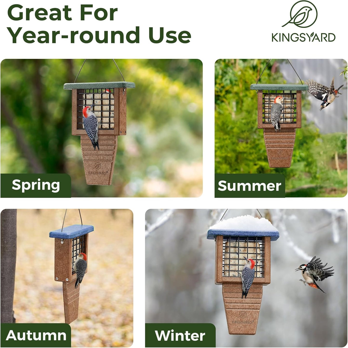 Kingsyard Recycled Plastic Suet Feeder, Tail Prop Suet Feeder for Outside Hanging, Sturdy & Durable, Great for Woodpecker & Clinging Birds, Green