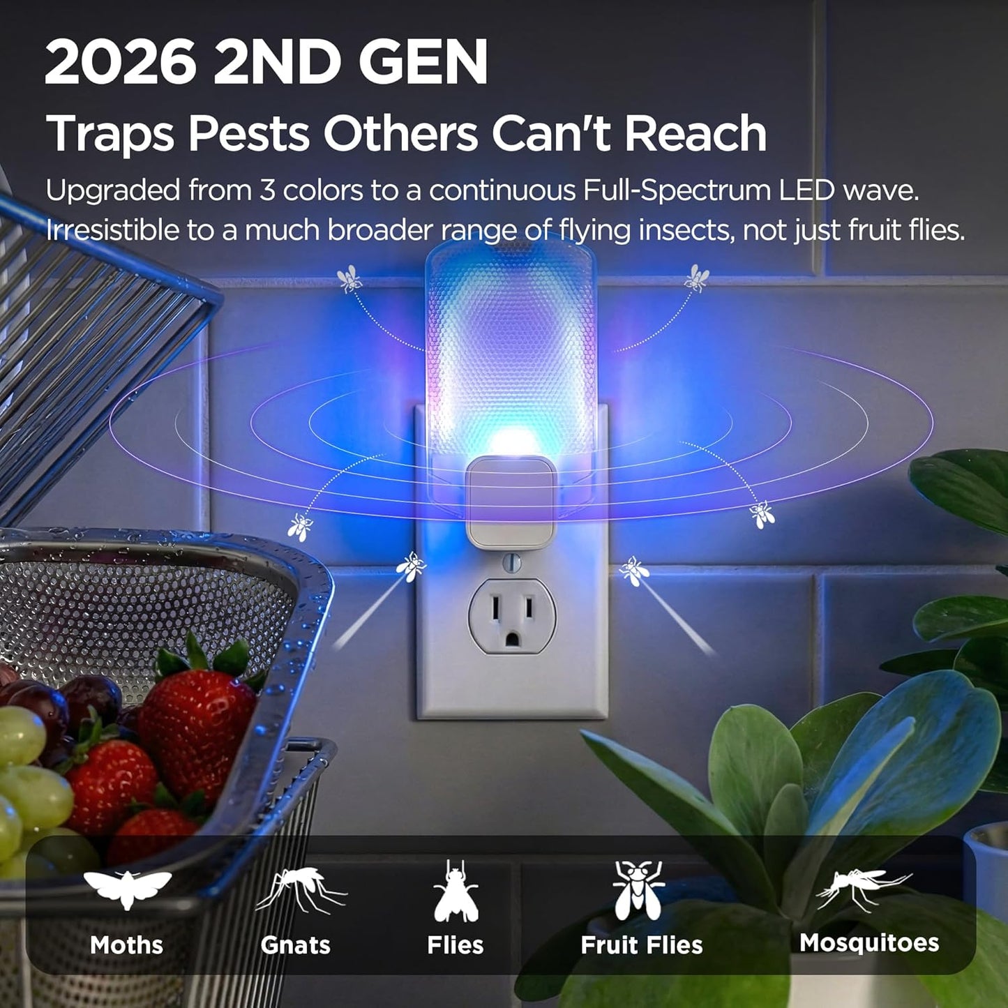 2 Flying Insect Traps+10 Refill Cartridges, 2026 2nd Gen, Fruit Fly Trap Indoor, Gnat Killer Plug-in, Multi-Spectrum LED Flying Insect Trap, No-Mess Bug Zapper, 7*24hrs Pest Control, Plant & Pet Safe