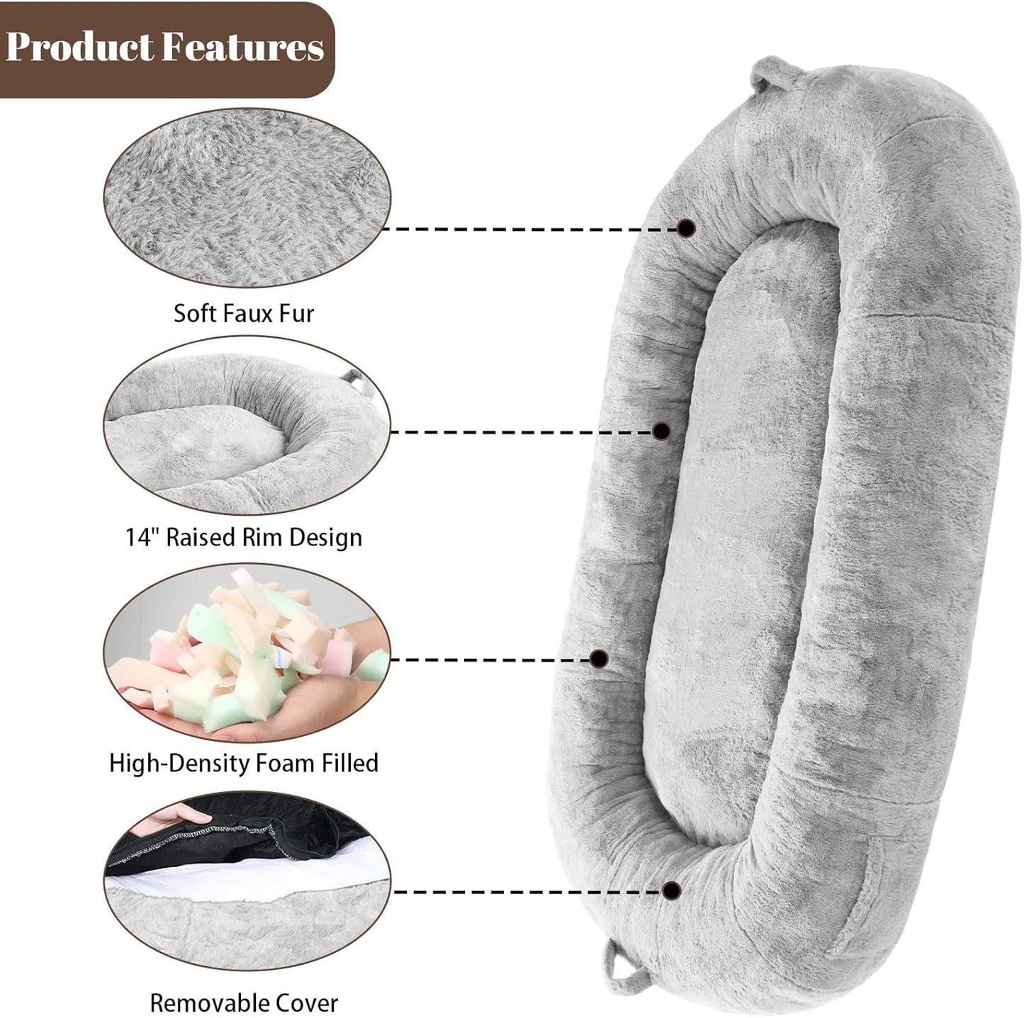 FairOnly Dog Bed for People Adults 71"x48"x14", Bean Bag Bed with Removable Cover, Bean Bag Floor Nap Bed for Adults, Light Grey