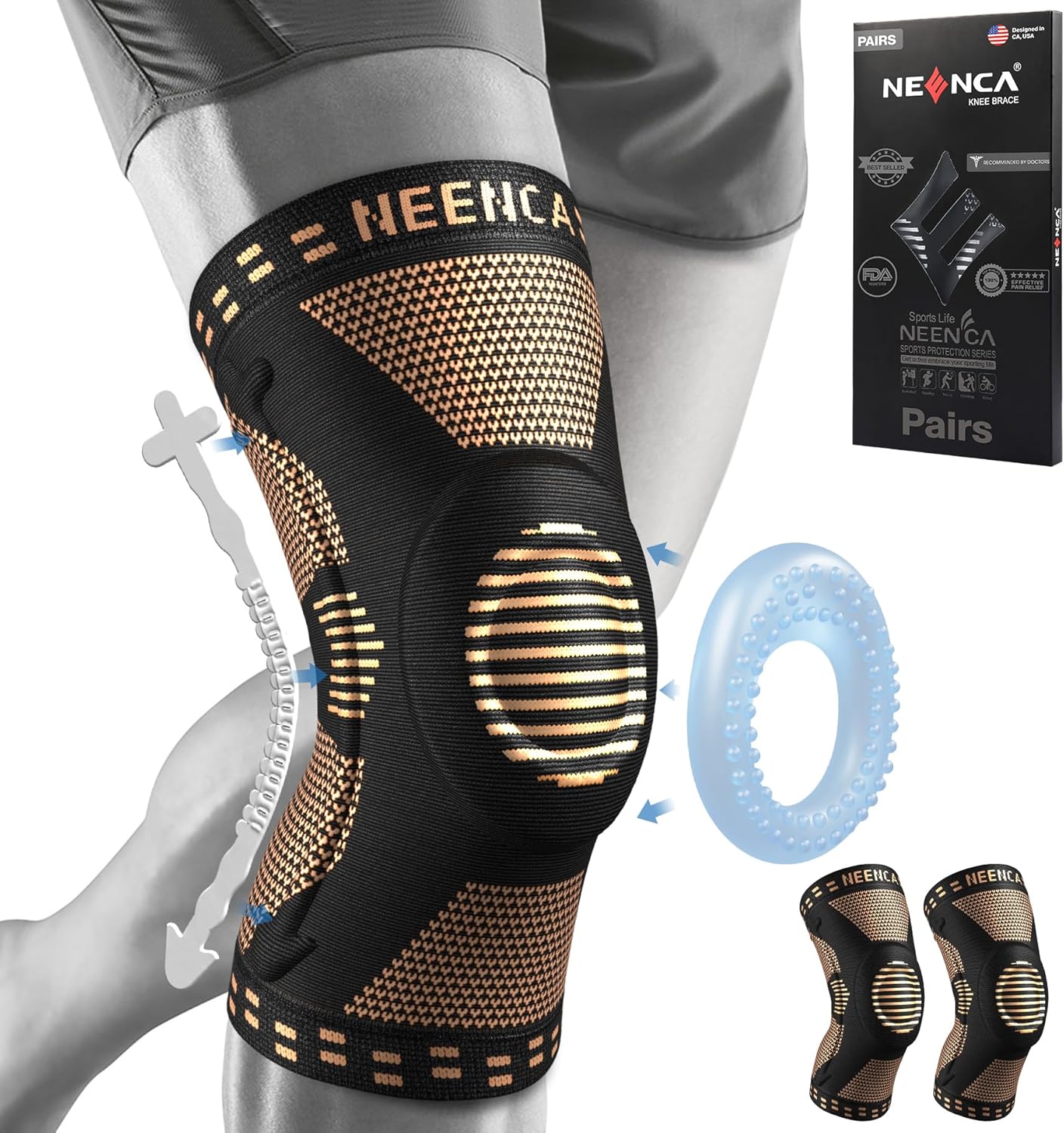NEENCA 2 Pack Knee Braces for Knee Pain, Compression Knee Sleeves with Patella Gel Pad & Side Stabilizers, Knee Support for Men Women, Meniscus Tear, Arthritis, Joint Pain, ACL,PCL,MCL,Runner, Workout