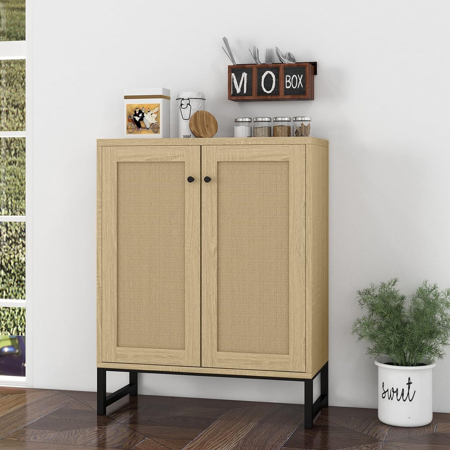 Panana Rattan Decorated 2 Doors Storage Cabinet Accent Cabinet Living Room Cupboard Kitchen Sideboard Buffet Table (Natural)