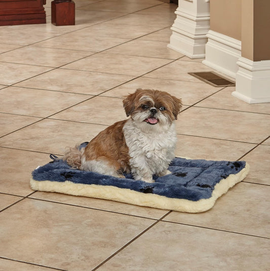 MidWest Homes for Pets QuietTime Reversible Paw Print Pet Bed, Soft Faux Fur & Fleece 24-Inch Crate Mat for Small Dogs, Machine Washable, Blue and Cream