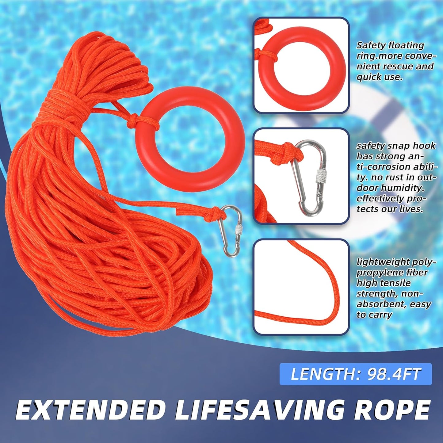 20" Foam Life Preserver Ring with 98.4ft Floating Lifesaving Rope, Throwable Flotation Device, Pool Safety Float, for Buoy and Swimming Decoration, Boat Safety Equipment