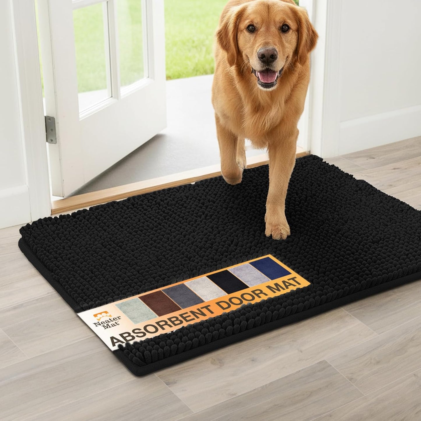 Neater Pets Muddy Paws Dog Door Mat 24” x 17” – Super Absorbent & Quick-Dry Chenille Doormat for Trapping Dirt, Water, Mud - Non-Slip & Machine Washable Pet Rugs for Entryway, Indoor Mud Mats, Black