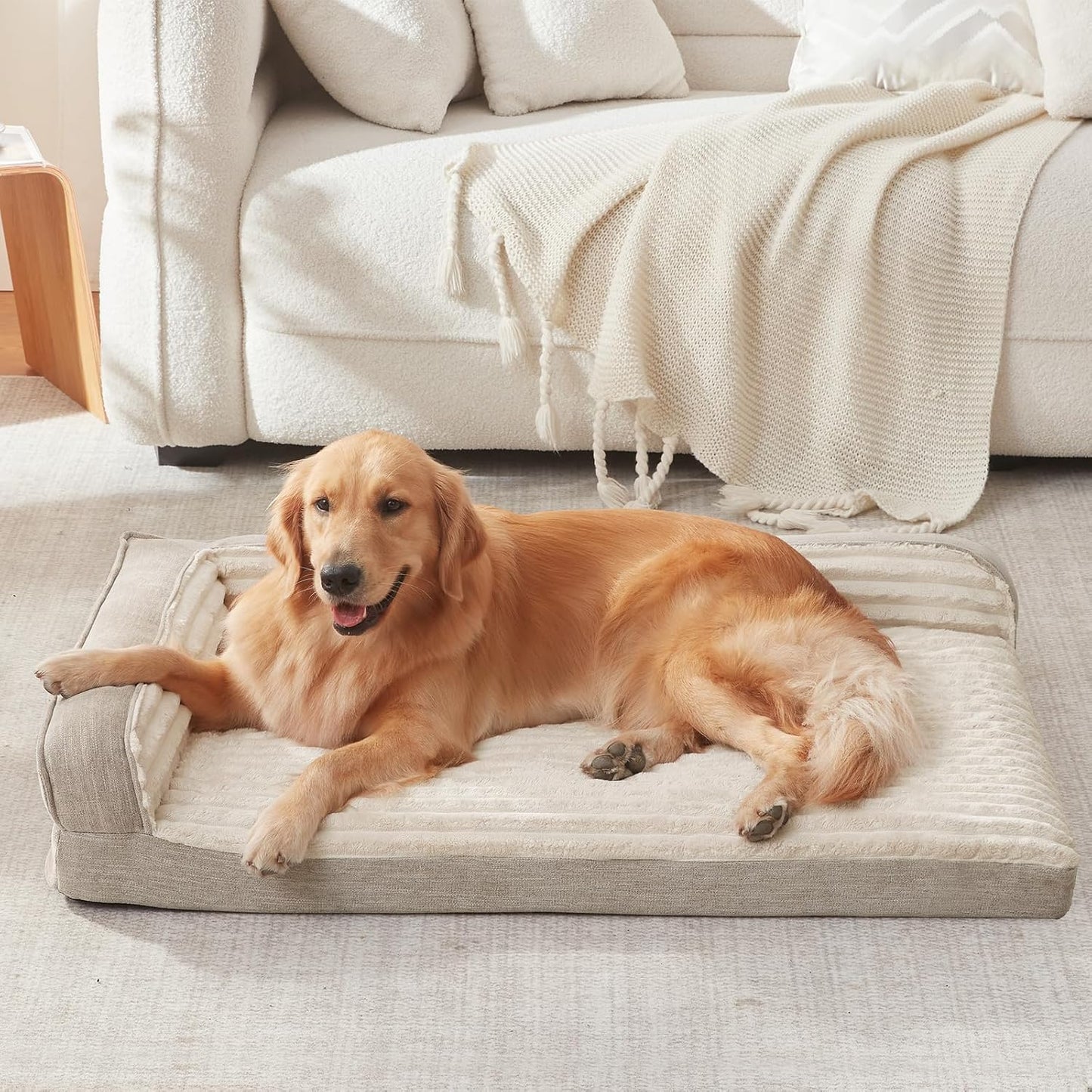 WINDRACING Orthopedic Dog Beds for Large Dogs, Waterproof Egg Foam Dog Sofa Bed with L Bolster Sides, Washable XLarge Pet Bed with Removable Cover & Non-Slip Bottom, 40 x 28 inch, Beige