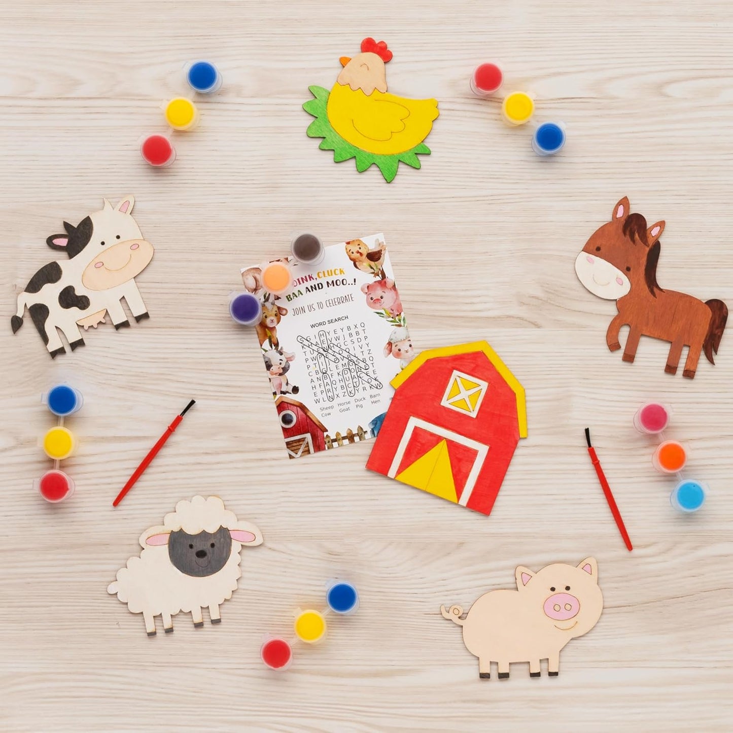 GEECOZYLIFE Farm Party Favors - 24 PCS Farm Animals with Art Supplies - Farm Barnyard Wooden Painting Kit - Thank You for Coming Gift - Kids Birthday Boys Girls Gifts Bulk