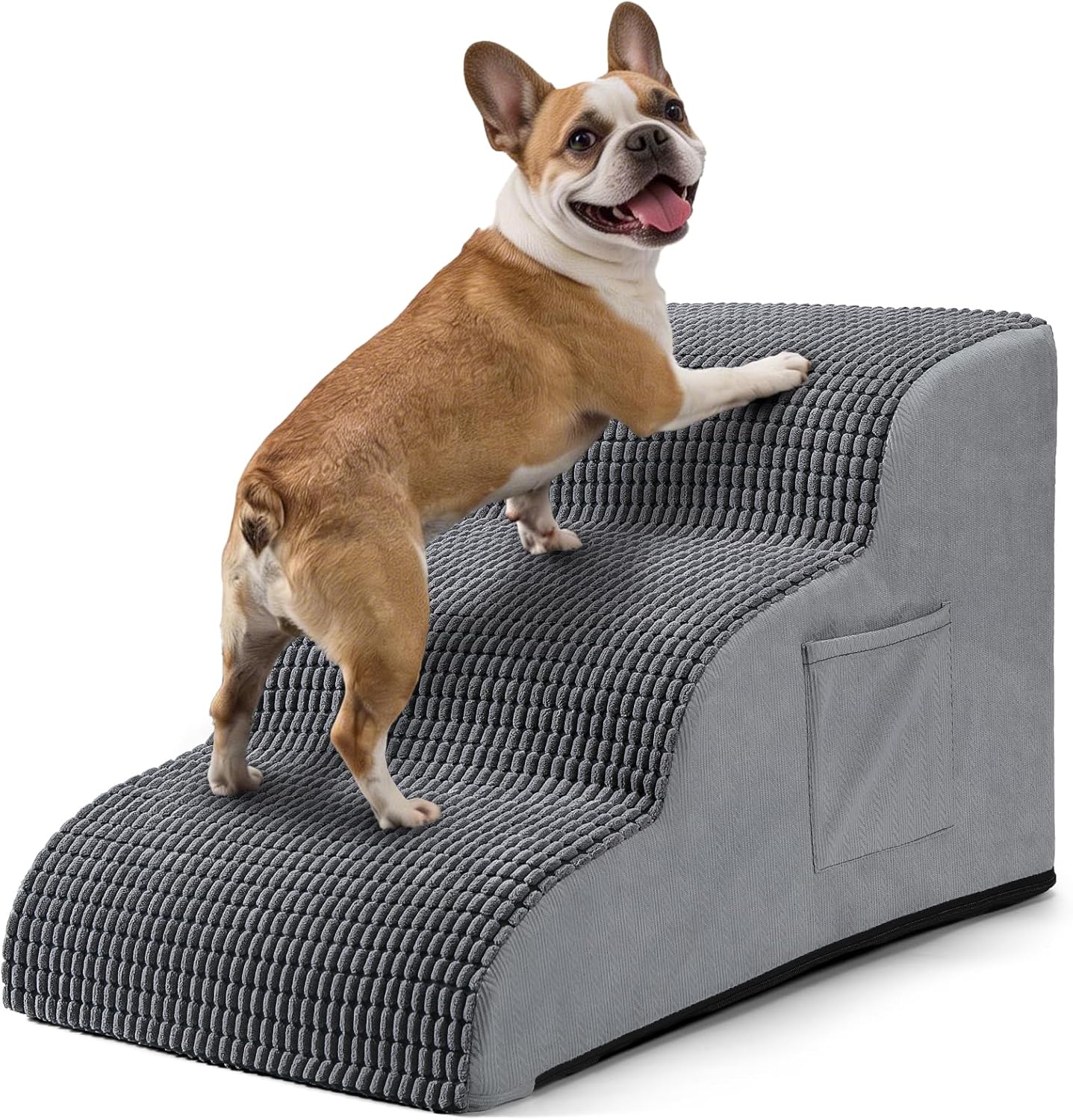 Dog Stairs for Small Dogs, 3 Step Foam Ramp for Bed & Couch, Pet Steps for High Bed with Non Slip Base, Washable Cover, Joint Support Design, Grey