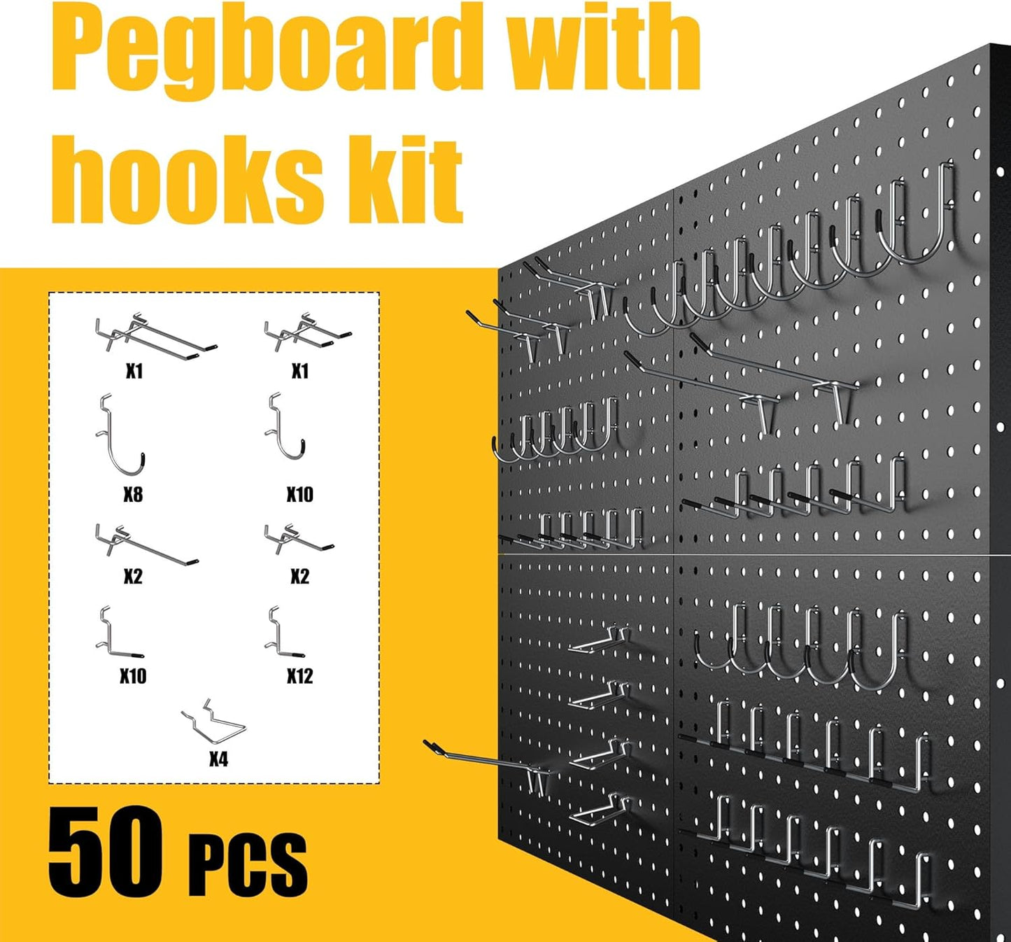Peg Board, 4 Pack Metal Pegboard Panels with 50 Hooks, Black Pegboards Wall Organizer, Heavy Duty Peg Board for Walls Home, Garage Tool Storage, Office Organization, Craft Room, Kitchen