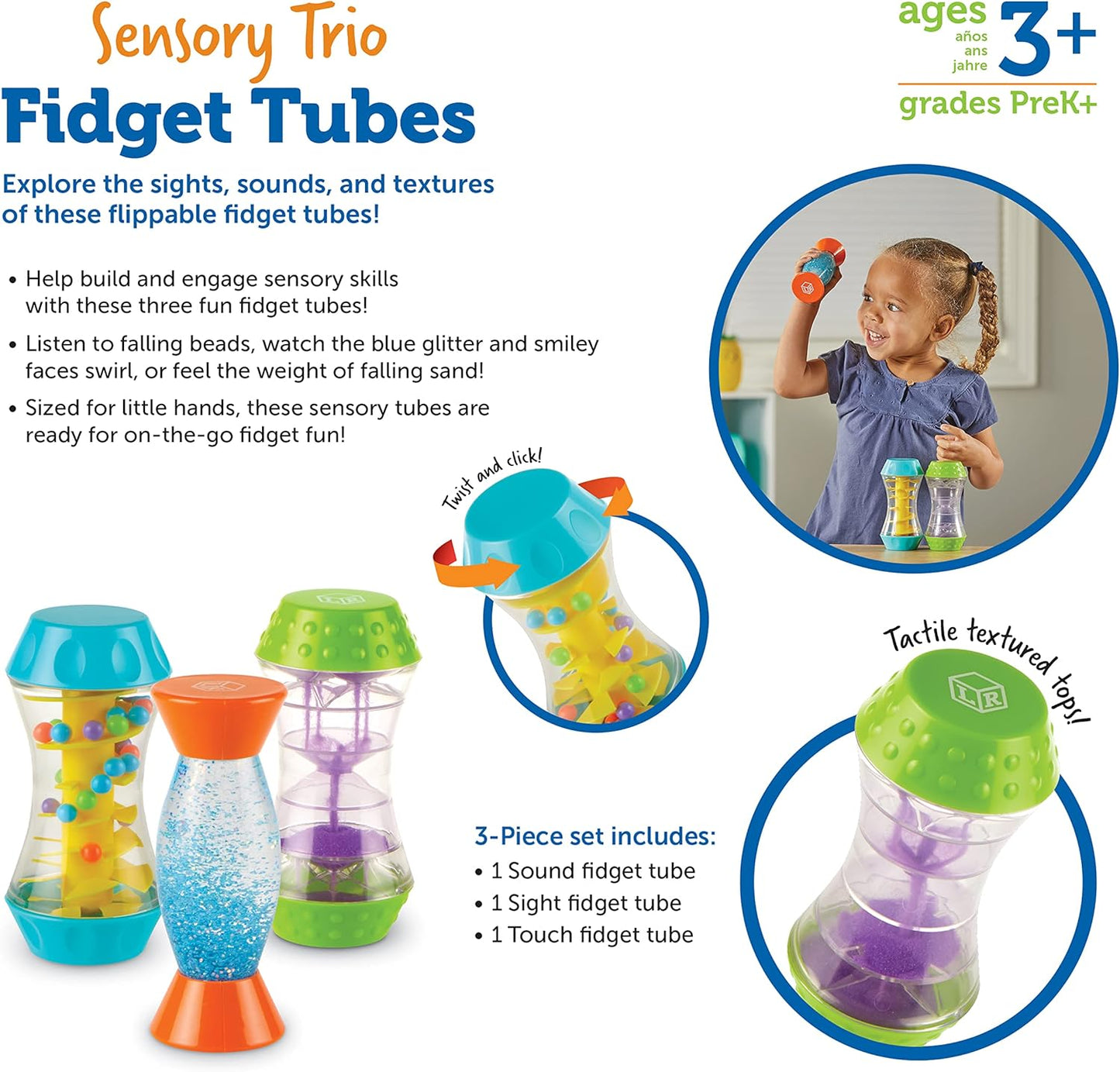 Learning Resources Sensory Trio Fidget Tubes - Tactile Play Tools, Kids Travel Essentials Toys, Self-regulation Aids, Calm Down Corner Supplies, Bin Activities