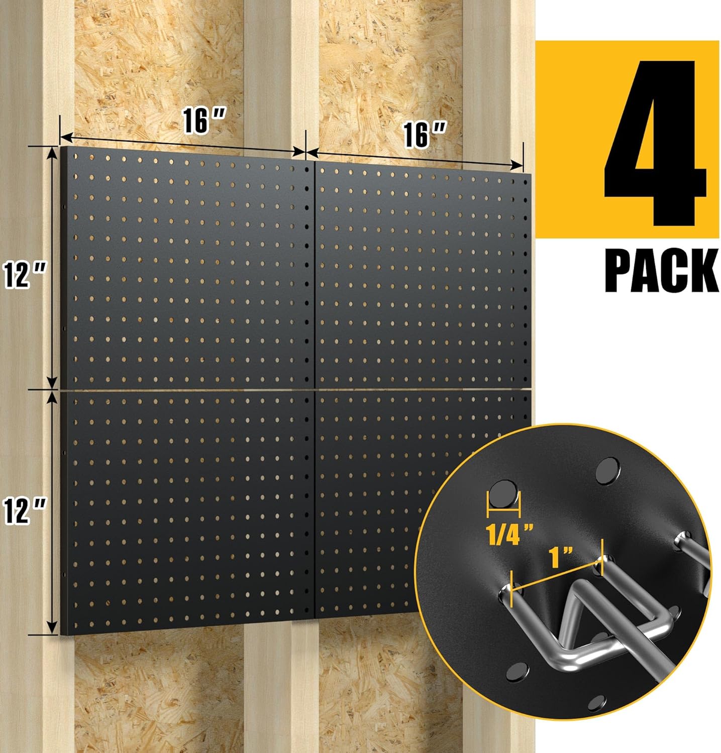 Peg Board, 4 Pack Metal Pegboard Panels with 50 Hooks, Black Pegboards Wall Organizer, Heavy Duty Peg Board for Walls Home, Garage Tool Storage, Office Organization, Craft Room, Kitchen