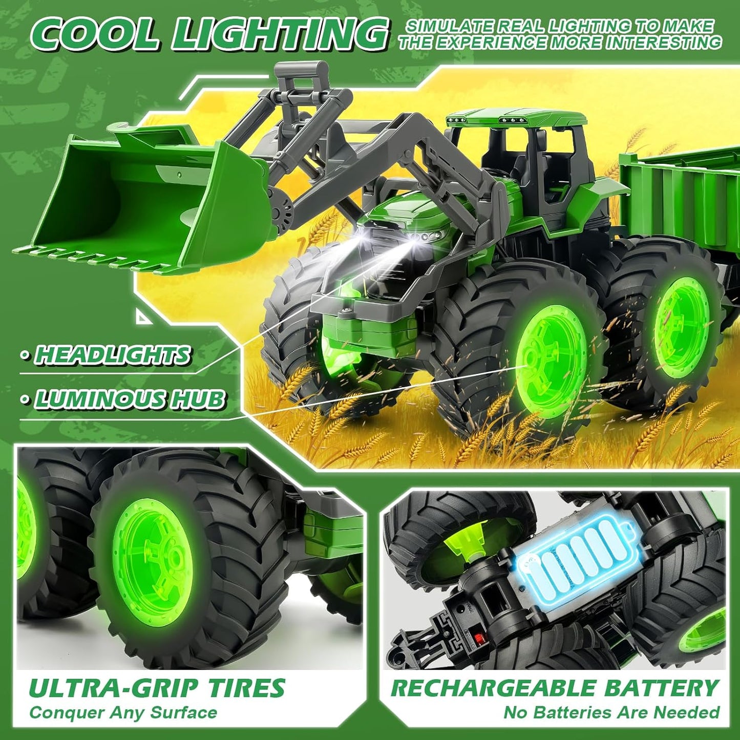 Remote Control Tractor Toy Set with Trailer & Farm Accessories, Light Up Farm Truck Toys for Boys & Girls 3, 4, 5, 6, 7 Year Old, 2.4 Ghz RC Tractor Toys, Ideal Christmas, Birthday Gifts for Kids