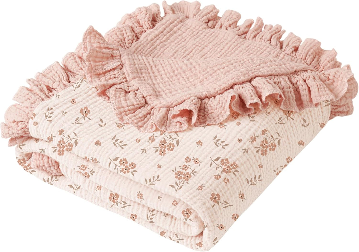 Konssy Flounce Muslin Baby Blanket for Girls Boys, 100% Cotton Soft Crib Swaddle Blankets, Reversible & Breathable Nursery Bedding for Newborns Toddlers, 40 x 36 Inches (Blossom)