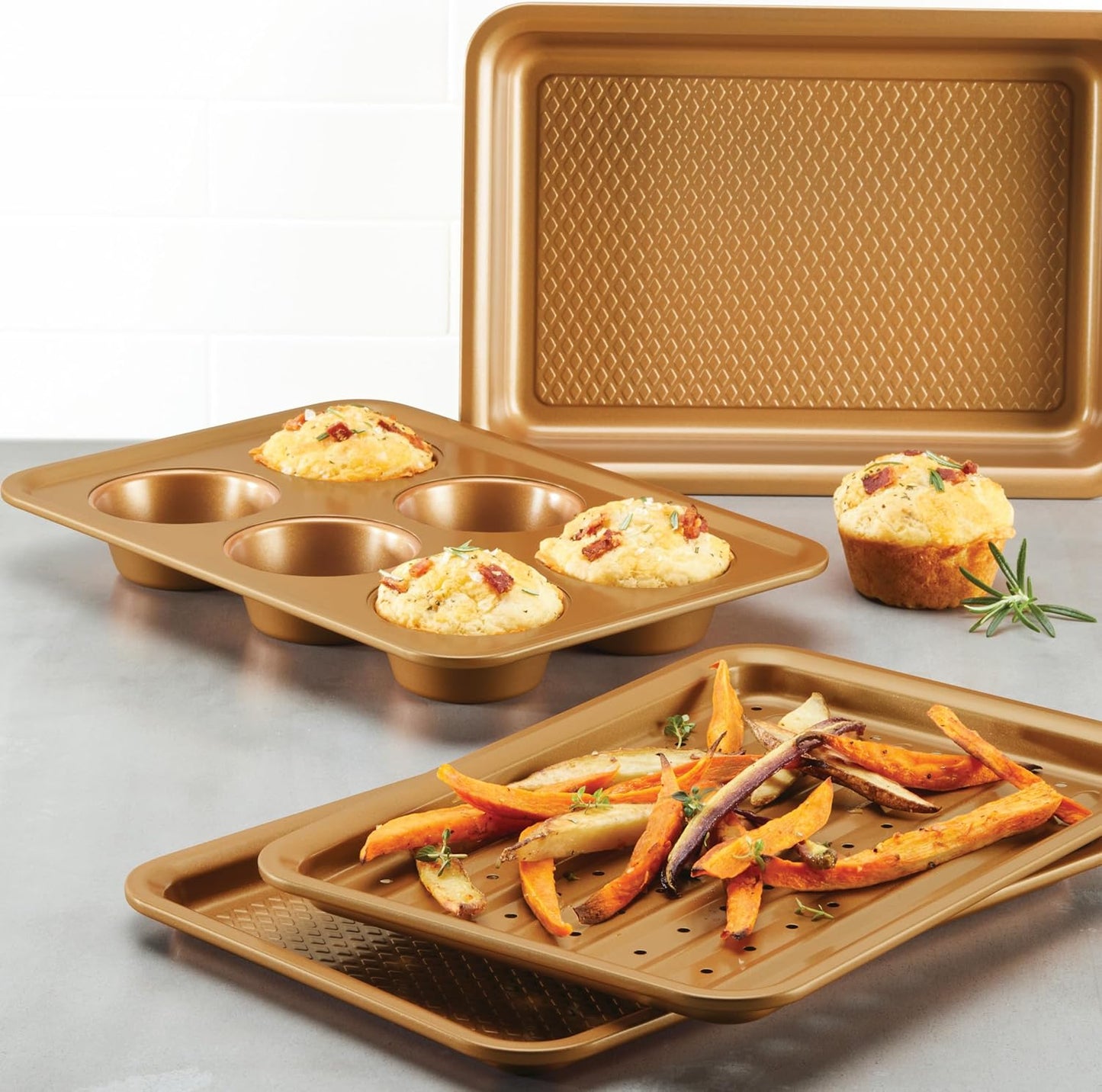 Ayesha Curry Nonstick Bakeware Toaster Oven Set with Nonstick Baking Pan, Cookie Sheet / Baking Sheet and Muffin Pan / Cupcake Pan - 4 Piece, Copper Brown