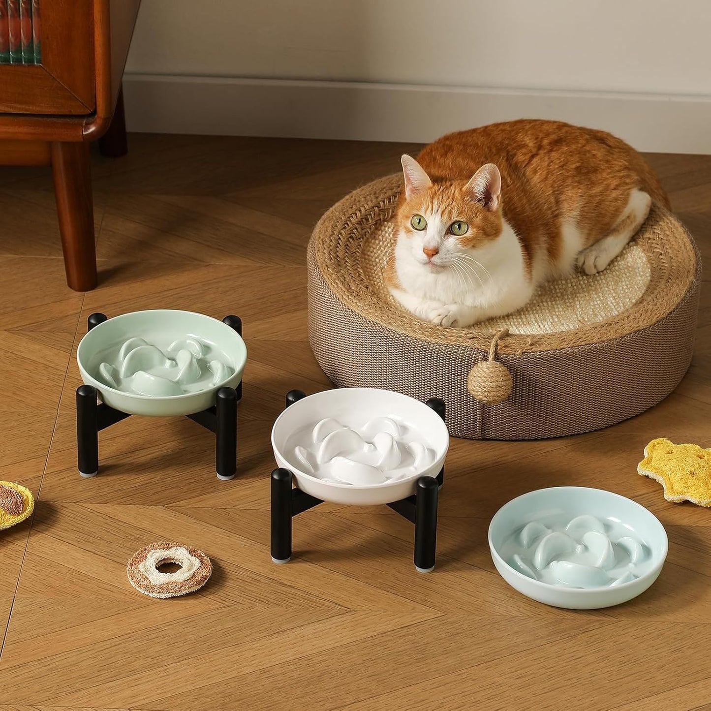 Elevated Slow Feeder Cat Bowl - Melamine Cat Food Plate with Anti-Slip Metal Stand - Raised Maze Dish for Slow Eating - Pale Blue