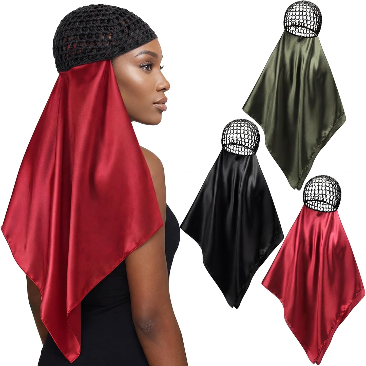 3 Pcs Wrap Hair Net with Scarf, Easy-to-use Head Wrap for Silk Press & Nighttime Care, Ideal for Styling, Sleep & Shower Cap(Classic Minimalist,Red Black Green)