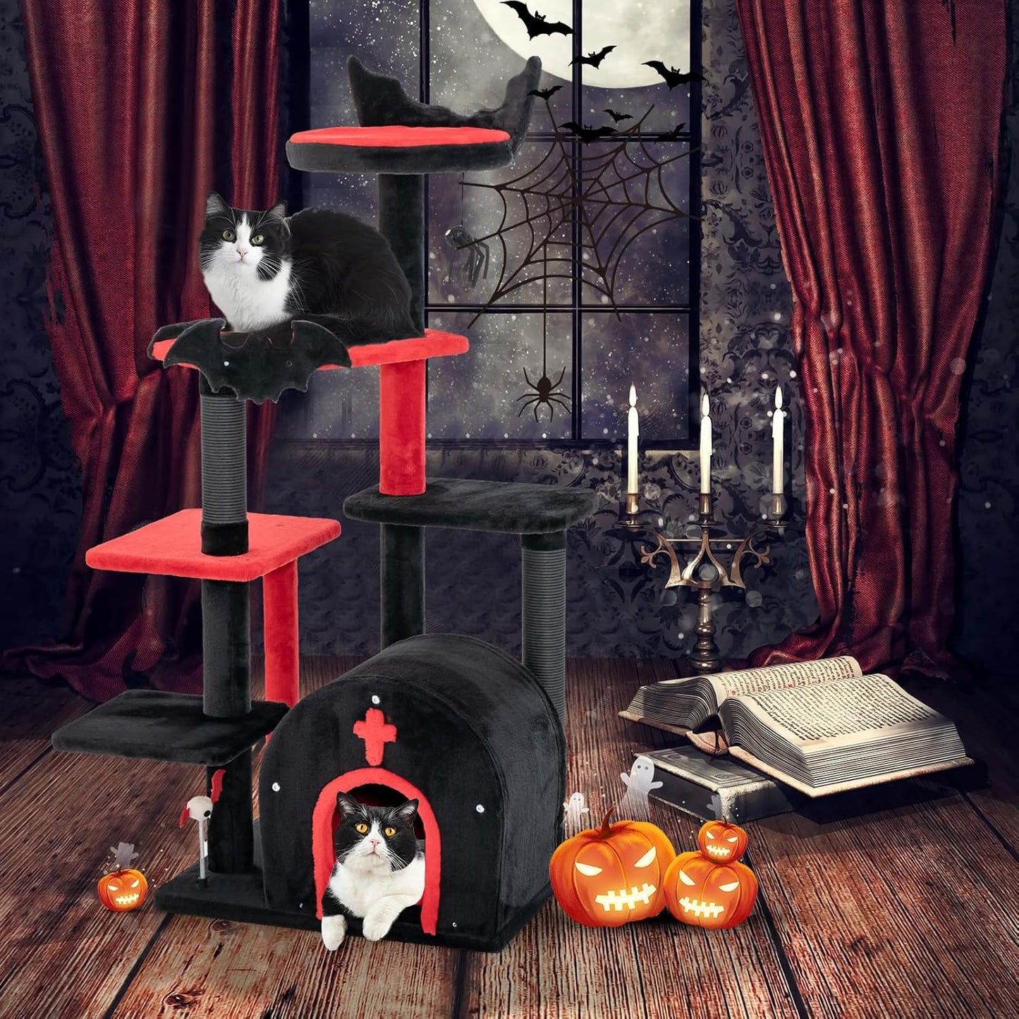 Tangkula Gothic Cat Tree, 53 Inch Black Cat Tower with Coffin Bed, Condo, Scratching Posts, Spider Pompom & Spring Balls, Halloween Pet Furniture, Spooky Goth Cat Tree for Indoor Cats