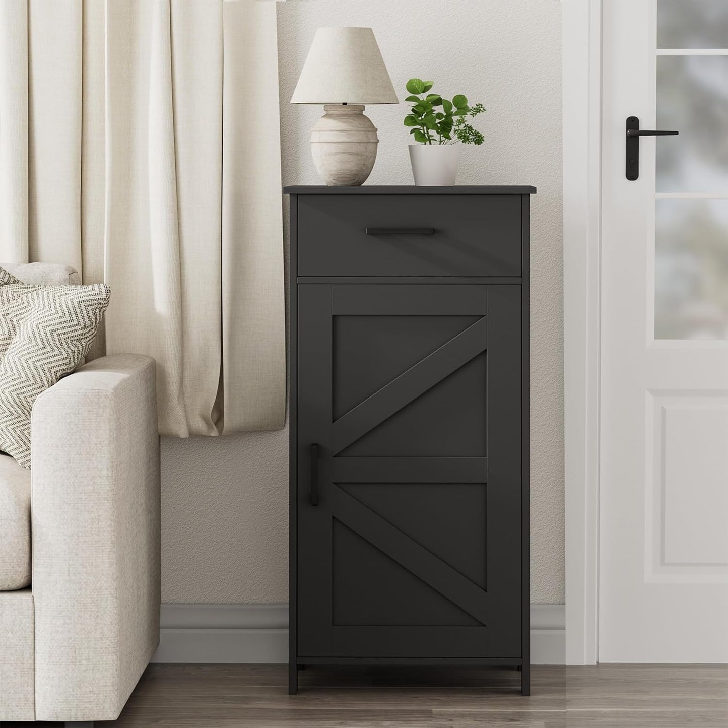 Homhedy 35.4" H Bathroom Cabinet with Drawer, Bathroom Organizers and Storage, Adjustable Shelves, Floor Cabinet for Living Room, Entryway, Kitchen, Black, (15.7" W)