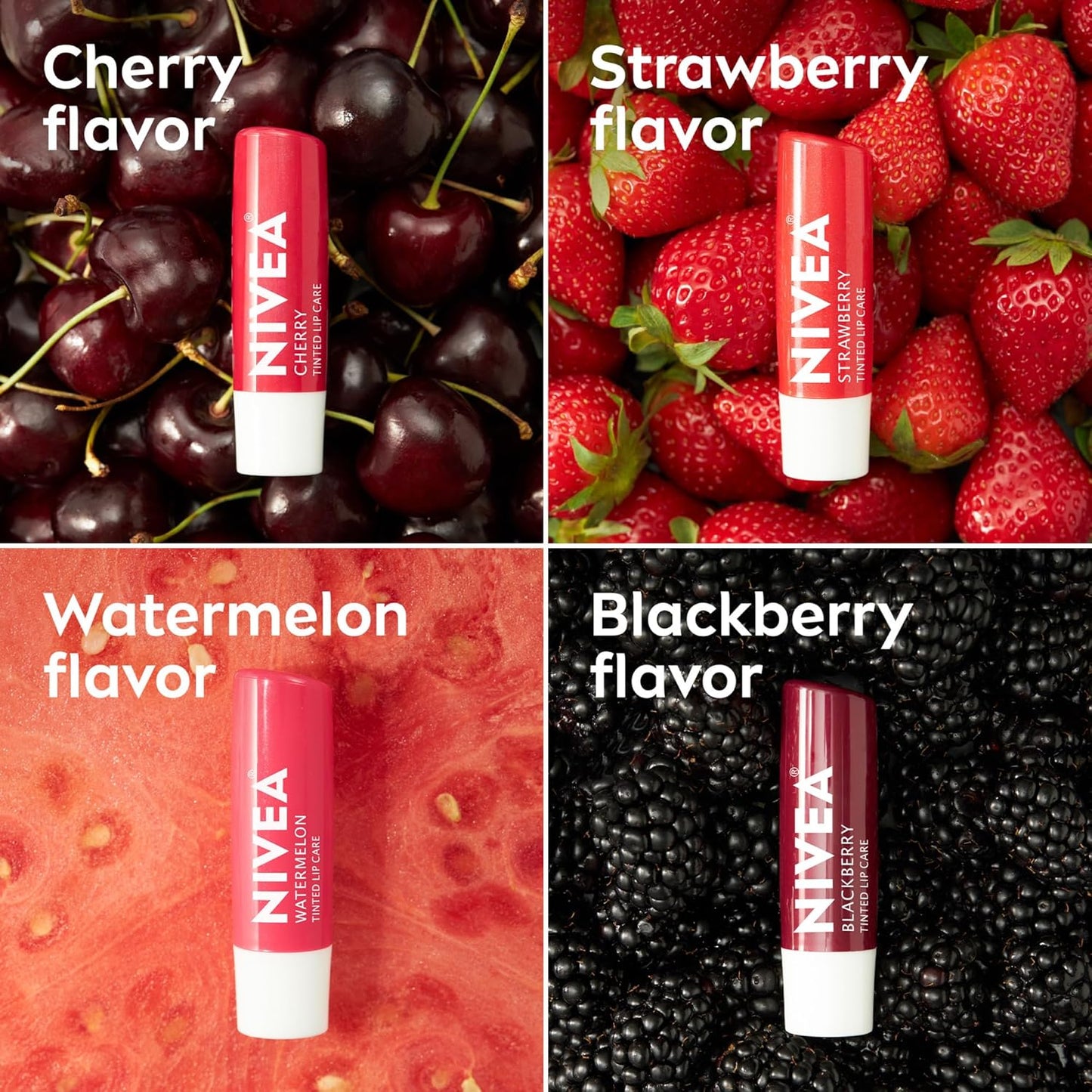 NIVEA Lip Care, Fruity Tinted Lip Balm Variety Pack, Cherry, Strawberry, Blackberry and Watermelon Flavors, 3-in-1 Moisture, Repair and Color, 0.17 Oz Stick, Pack of 4