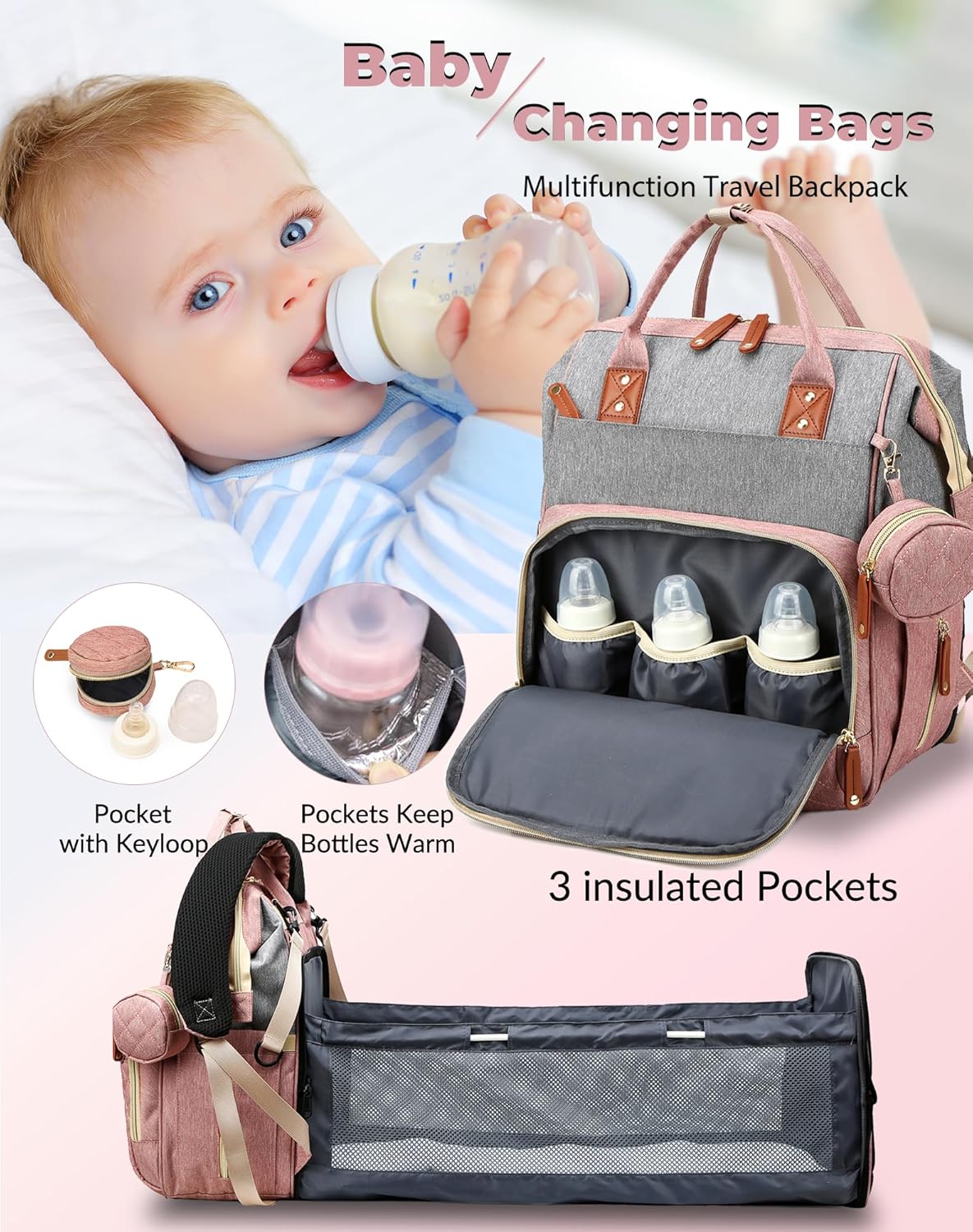Diaper Bag Backpack with Changing Station, Waterproof Large Capacity, Baby Bag for Mom & Dad, 18 Pockets+USB Port, Foldable Changing Pad, Travel Backpack for Newborn Essentials, Baby Gift