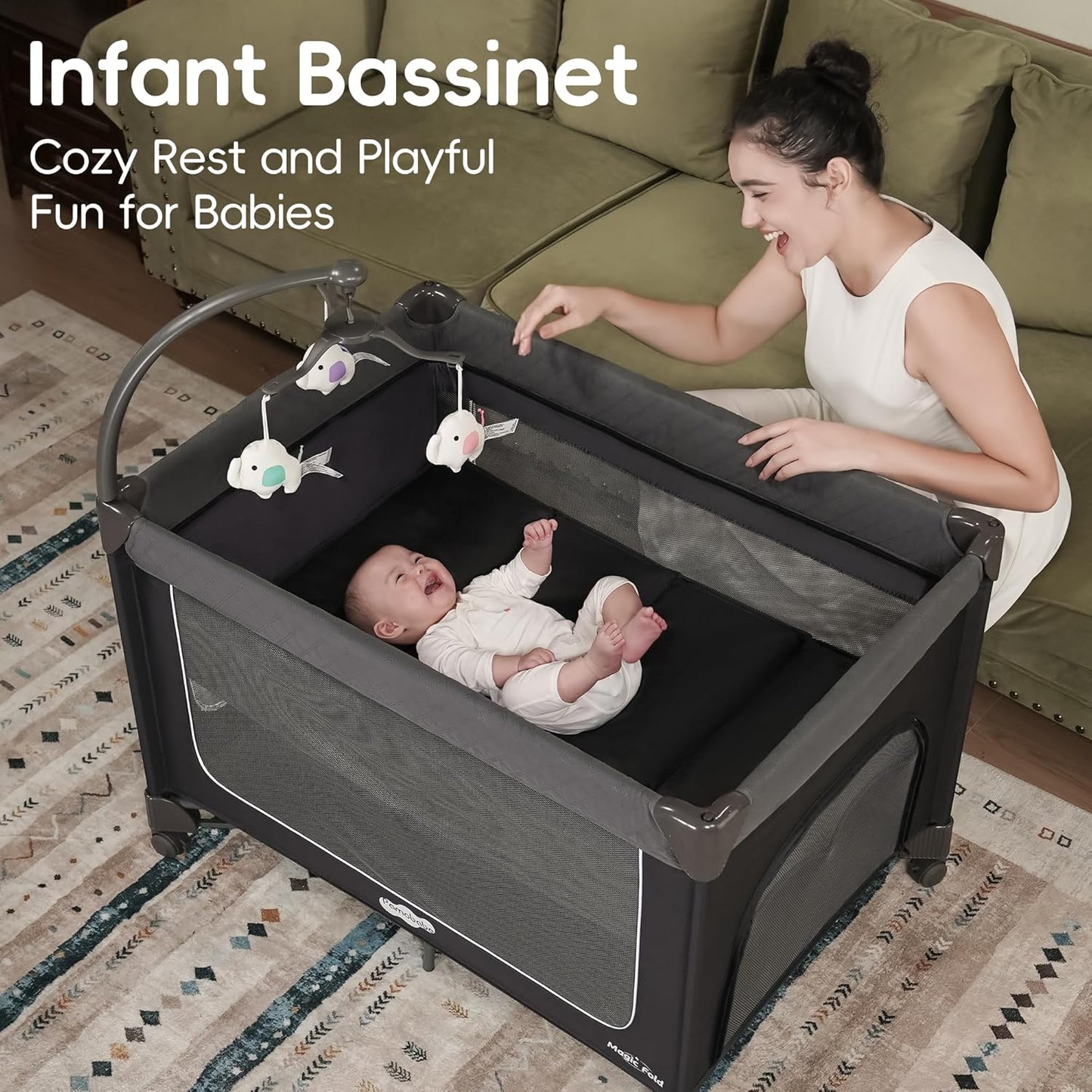 Pamo Babe Magic Fold Pack and Play with Bassinet 1 Step Set Foldable Playards Baby Playard with Changing Table Portable Playpen with Zip Door