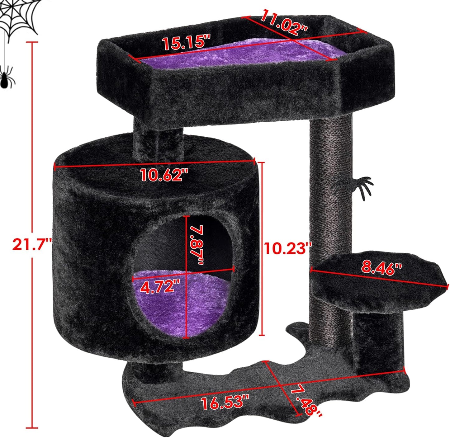 BEWISHOME Cat Tree, Gothic Cat Tree with Coffin Bed, Goth Cat Tree Tower with Scratching Posts, Cat Shelves for Kittens, Spider Toy, Black and Violet Small MMJ93Z