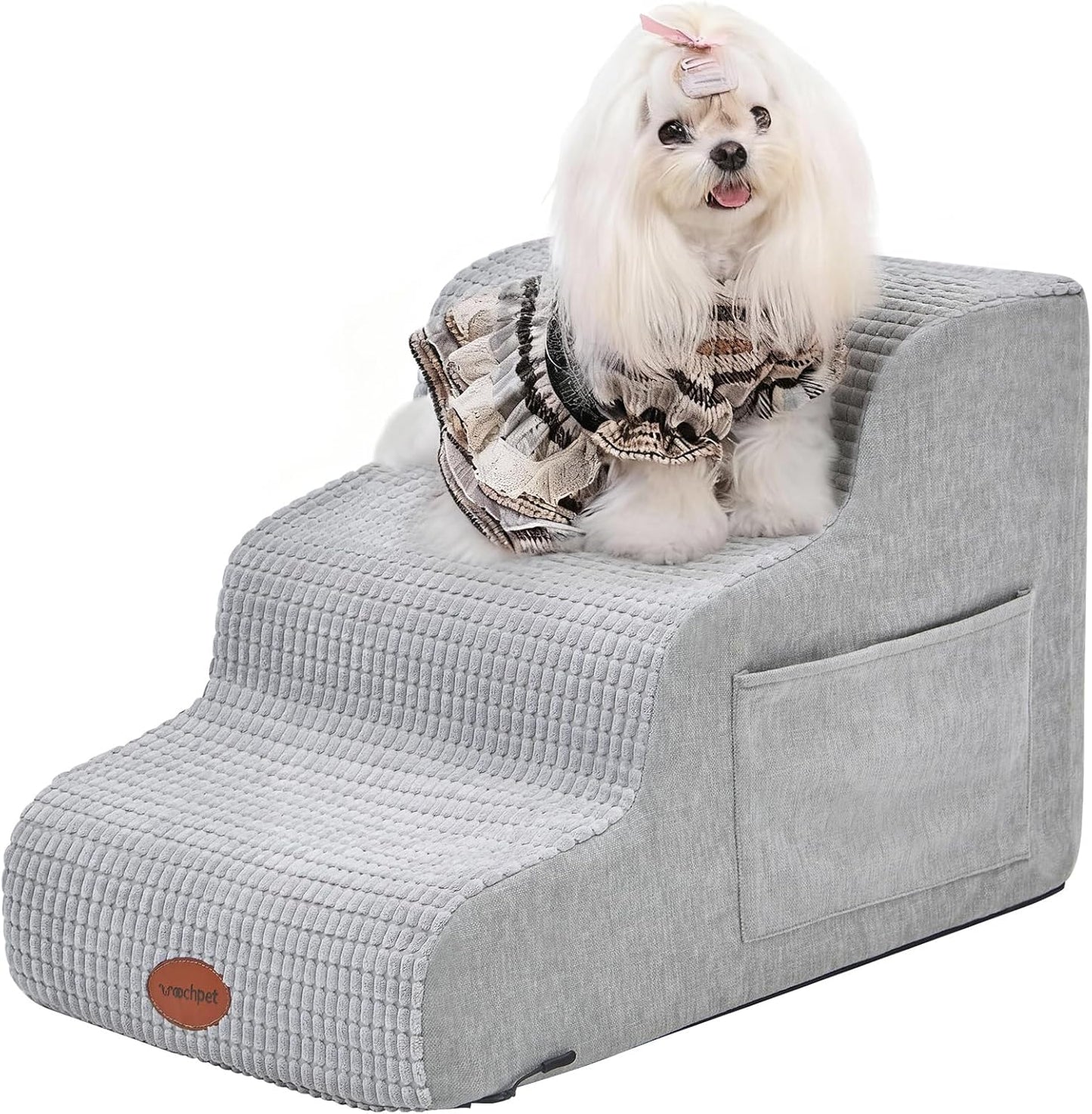 Woochpet Dog Stairs for Small Dogs, 15.7”H Ramp 3 Tier Wider Curved Pet Stairs for Couch and Beds，Weighted Base Plate Indoor Dog Steps with Non-Slip Bottom and Washable Cover for Old Cats