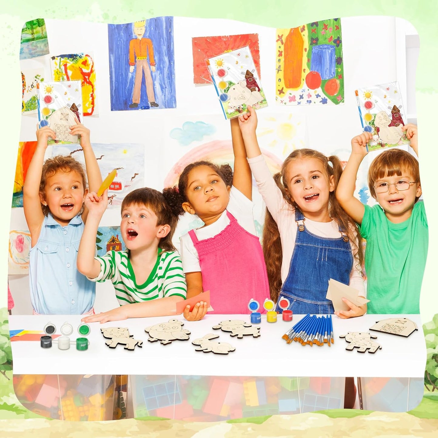 24 Pcs Farm Party Favors Farm Animal Wooden Painting Craft Kits Farmer Animal Birthday Party Supplies with Organza Bag for Birthday Favors Goodie Bags Fillers