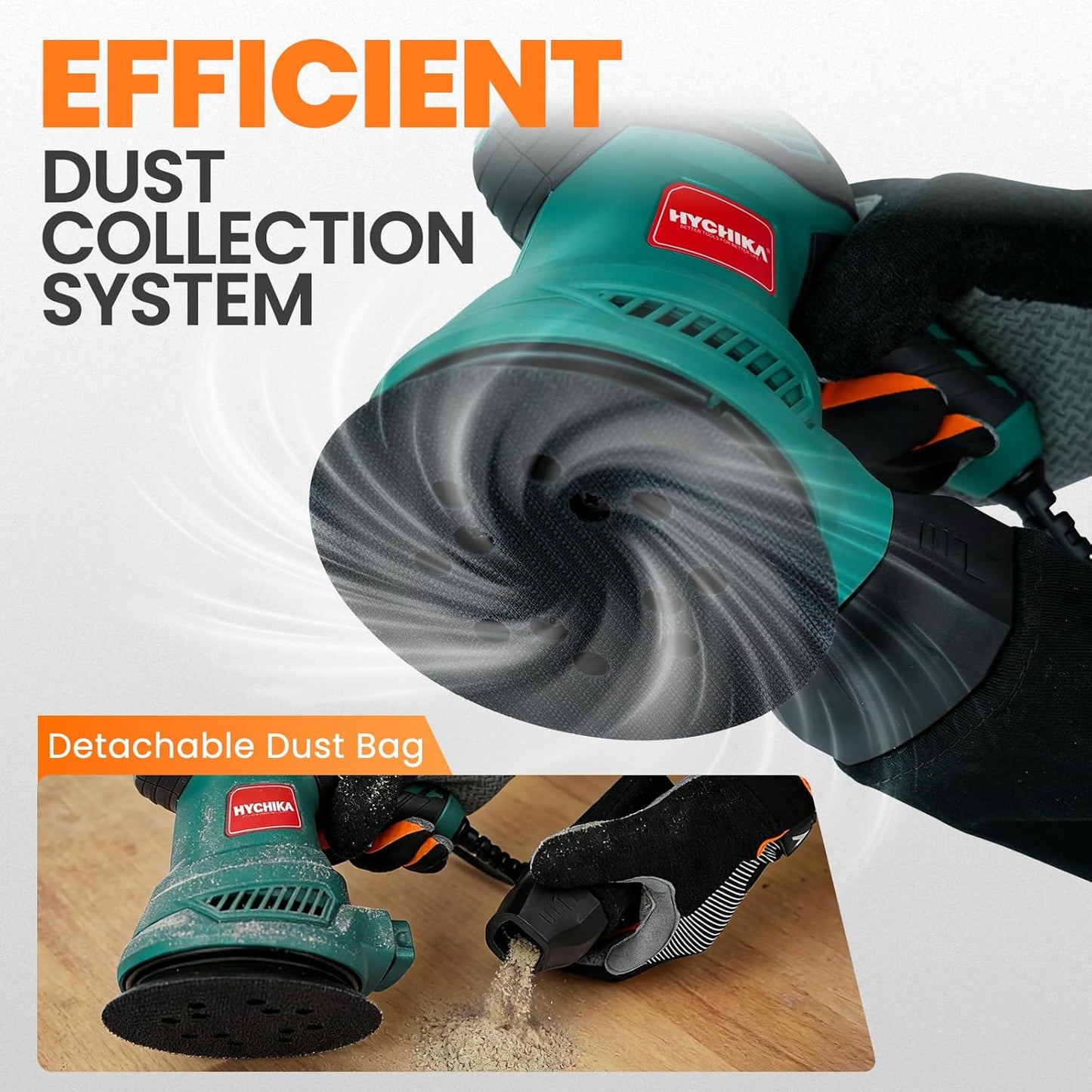 HYCHIKA 5-Inch Random Orbital Sander, 13000RPM Electric Palm Sander with 6 Variable Speeds, Powerful Motor, 12PCS Sandpapers and Efficient Dust Collection Bag, for Woodworking, Finishing and Polishing