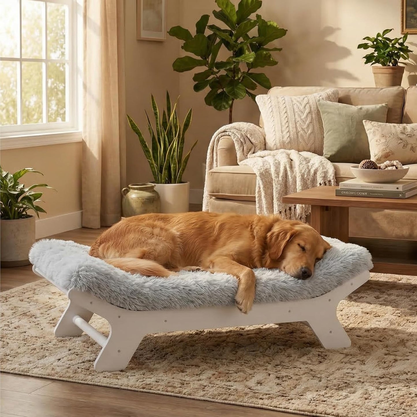 Muihood Wood Elevated Dog Bed Frame and Egg Crate Foam Mattress, Luxurious Suitable for Pets Up to 95 lbs, White, XL