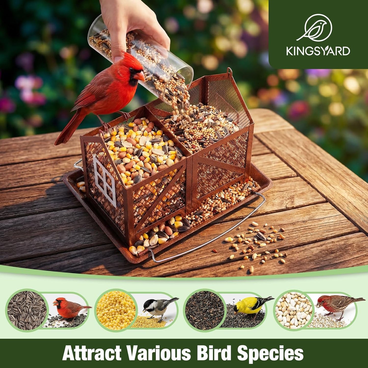Kingsyard Metal Bird Feeder for Outdoors Hanging, 2-in-1 Wild Bird Feeder with Seed Tray & Built-in Perch, 5 lb Large Capacity for Cardinal Chickadee Finch, Bronze