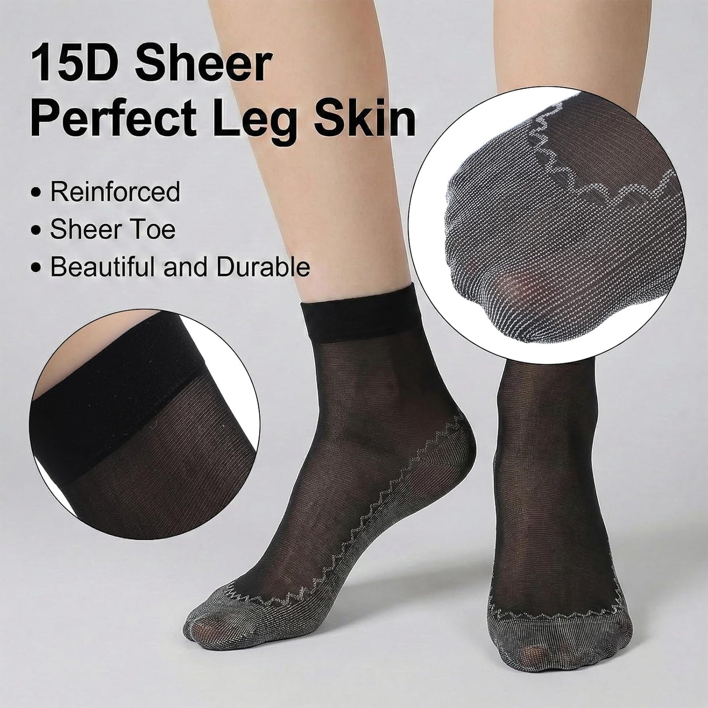 12 Pairs Nylon Socks for Women, Sheer Socks Sheer Ankle High Tights Hosiery Sock Antil-Slip Ankle High Nylons for Women(Black,Black)
